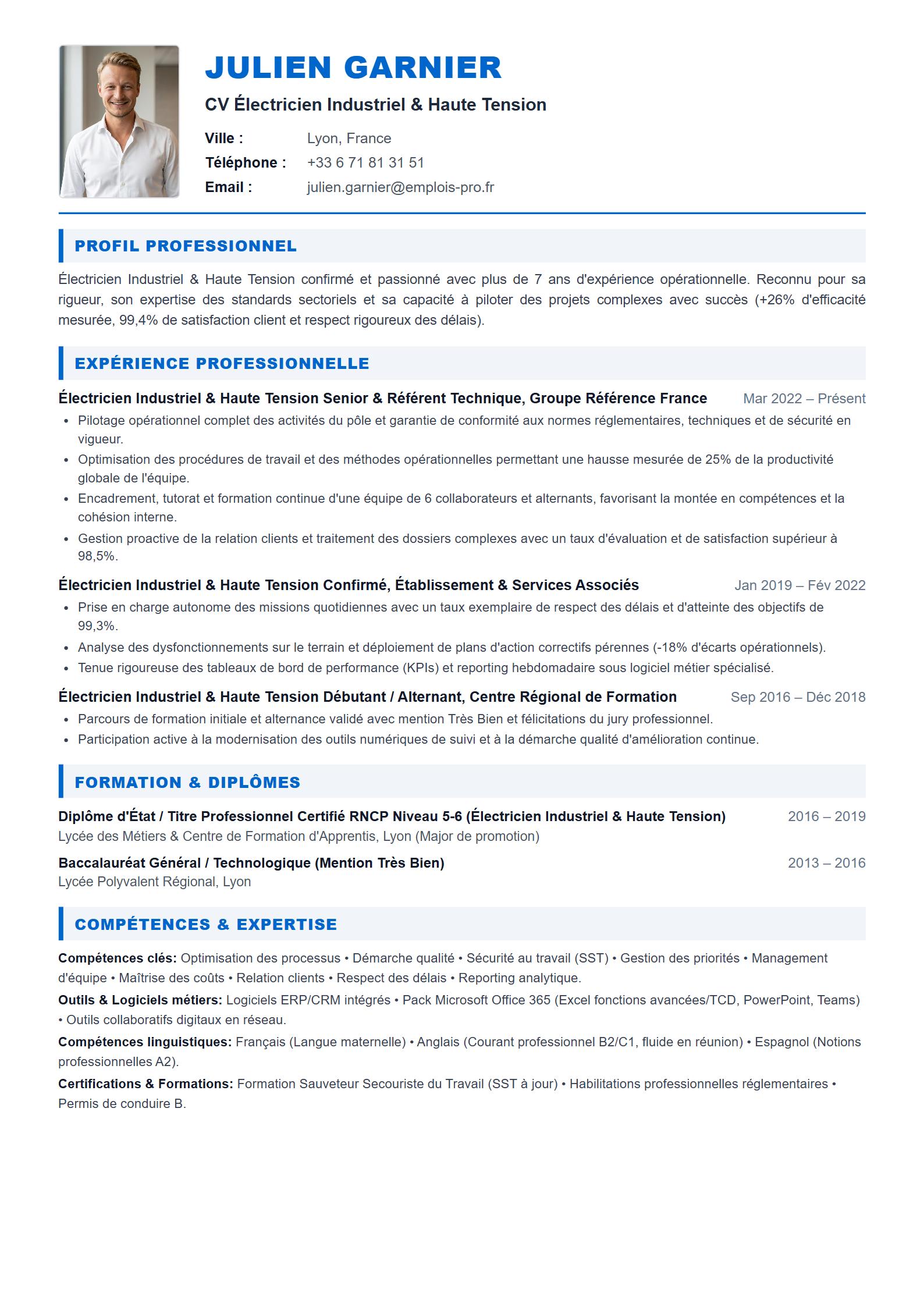 Électricien Industriel & Haute Tension Resume Example