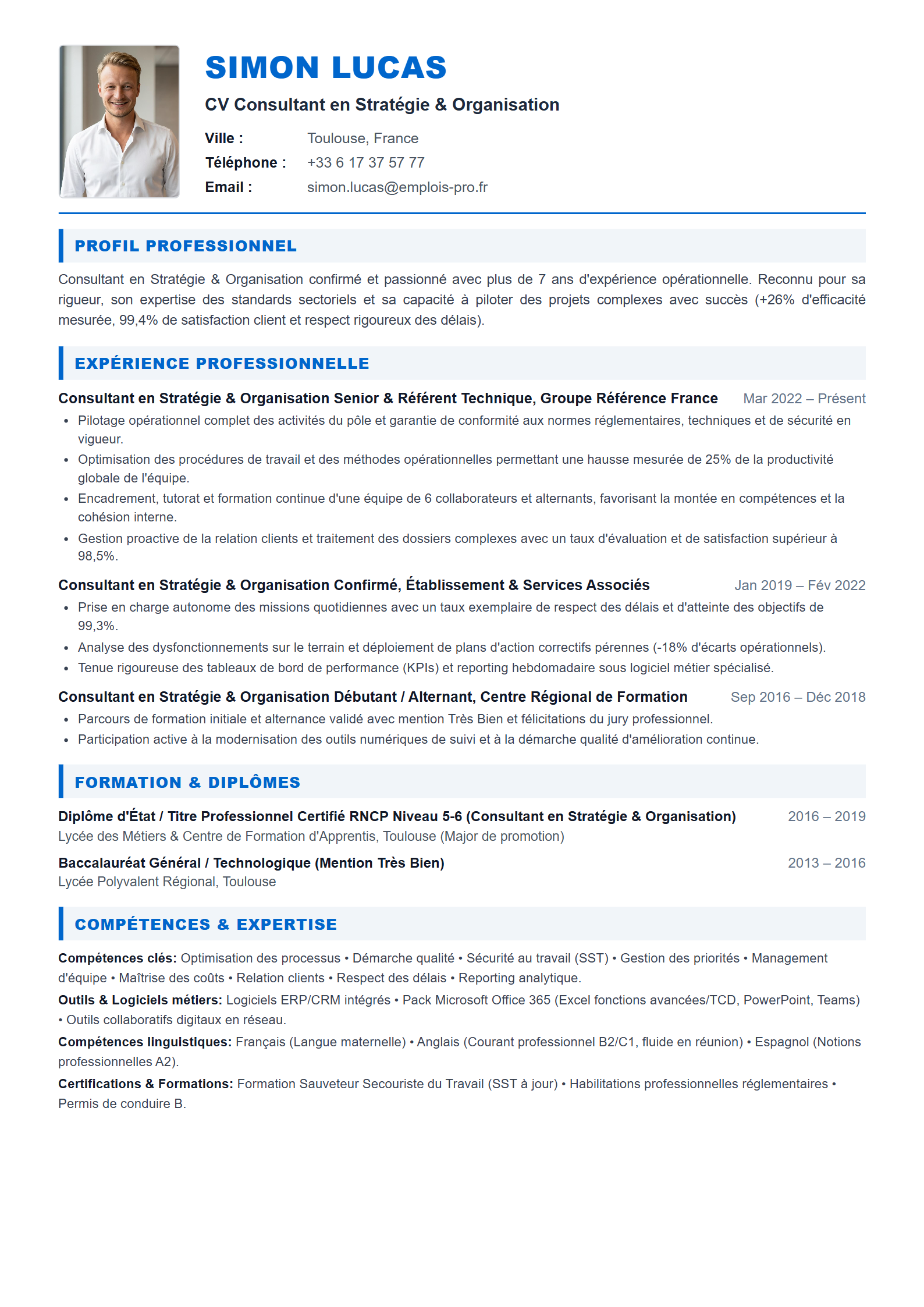 Consultant en Stratégie & Organisation Resume Example