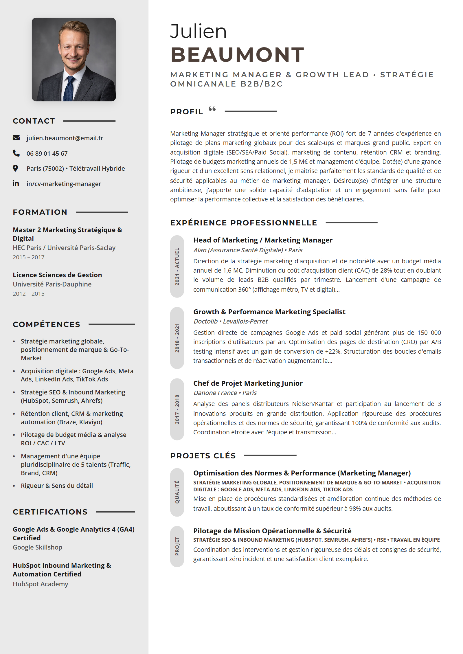 Exemple de CV Marketing Manager (Modèle Professionnel - Format A4)