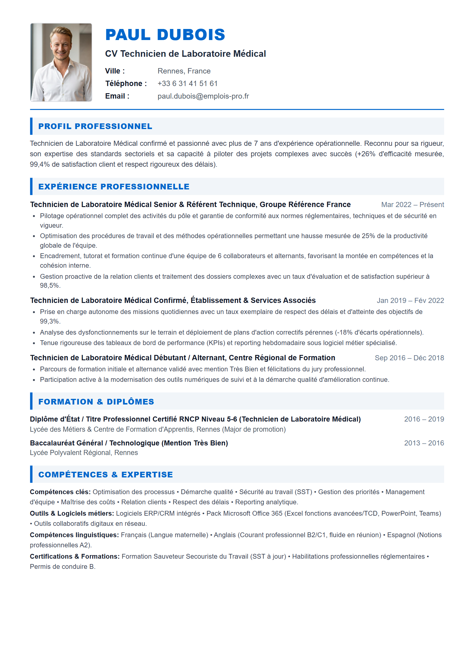 Technicien de Laboratoire Médical Resume Example