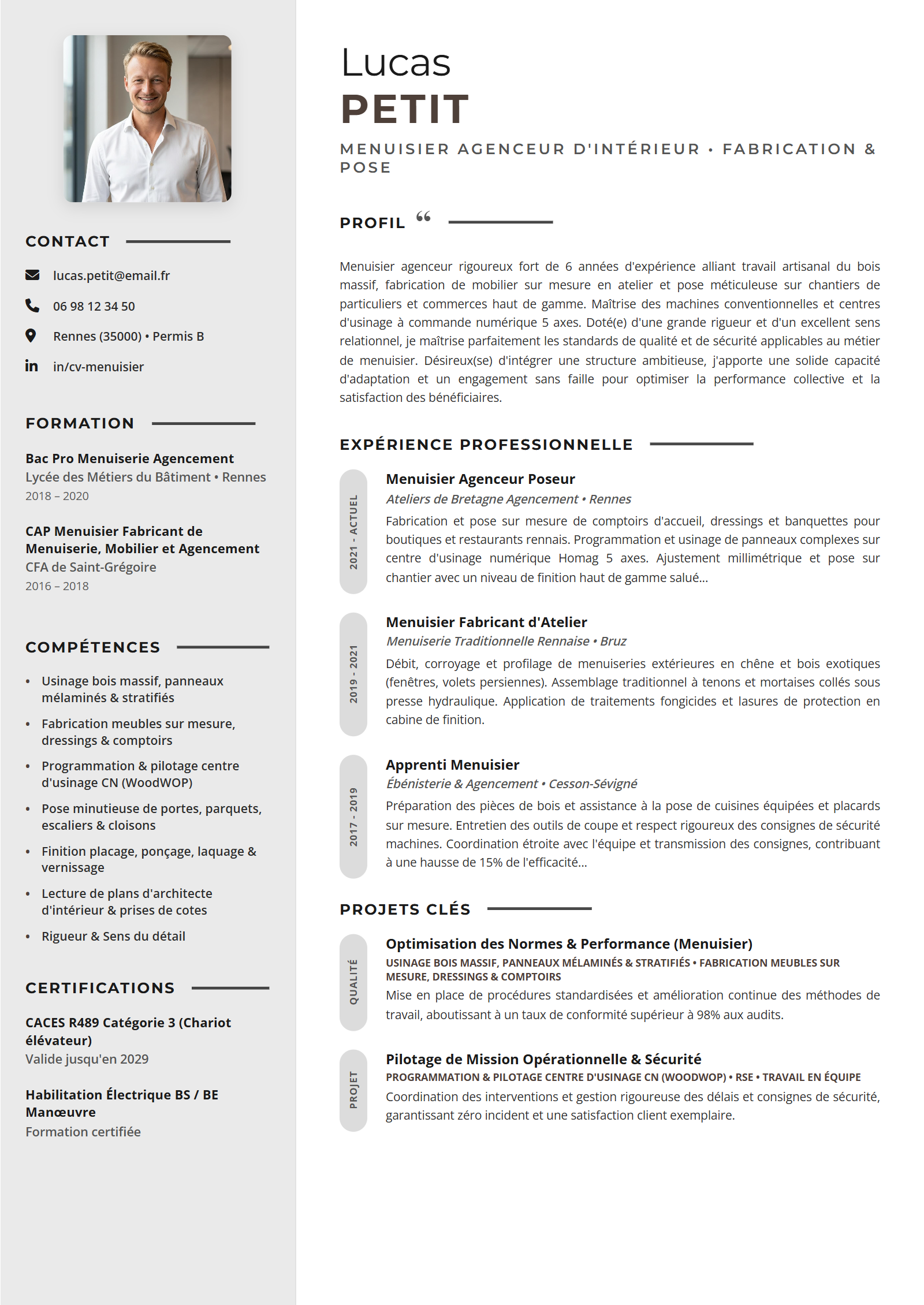 Exemple de CV Menuisier (Modèle Professionnel - Format A4)
