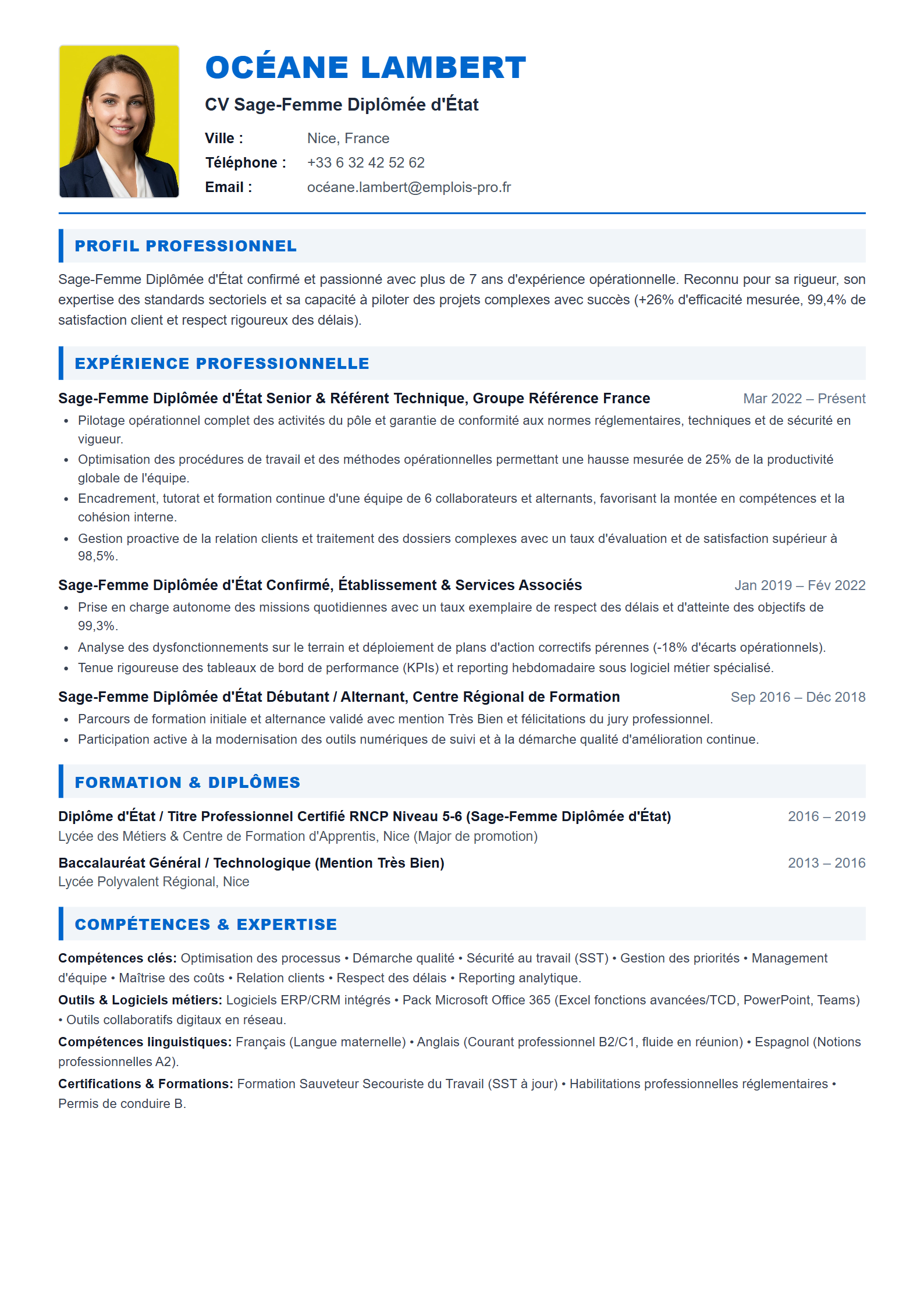 Sage-Femme Diplômée d'État Resume Example