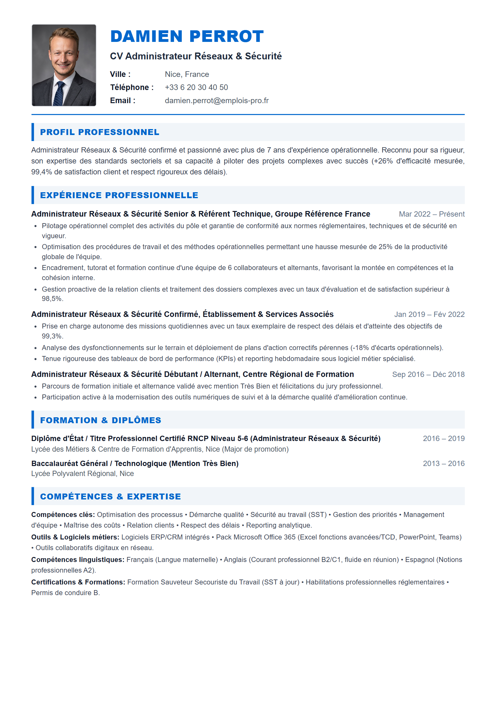 Administrateur Réseaux & Sécurité Resume Example