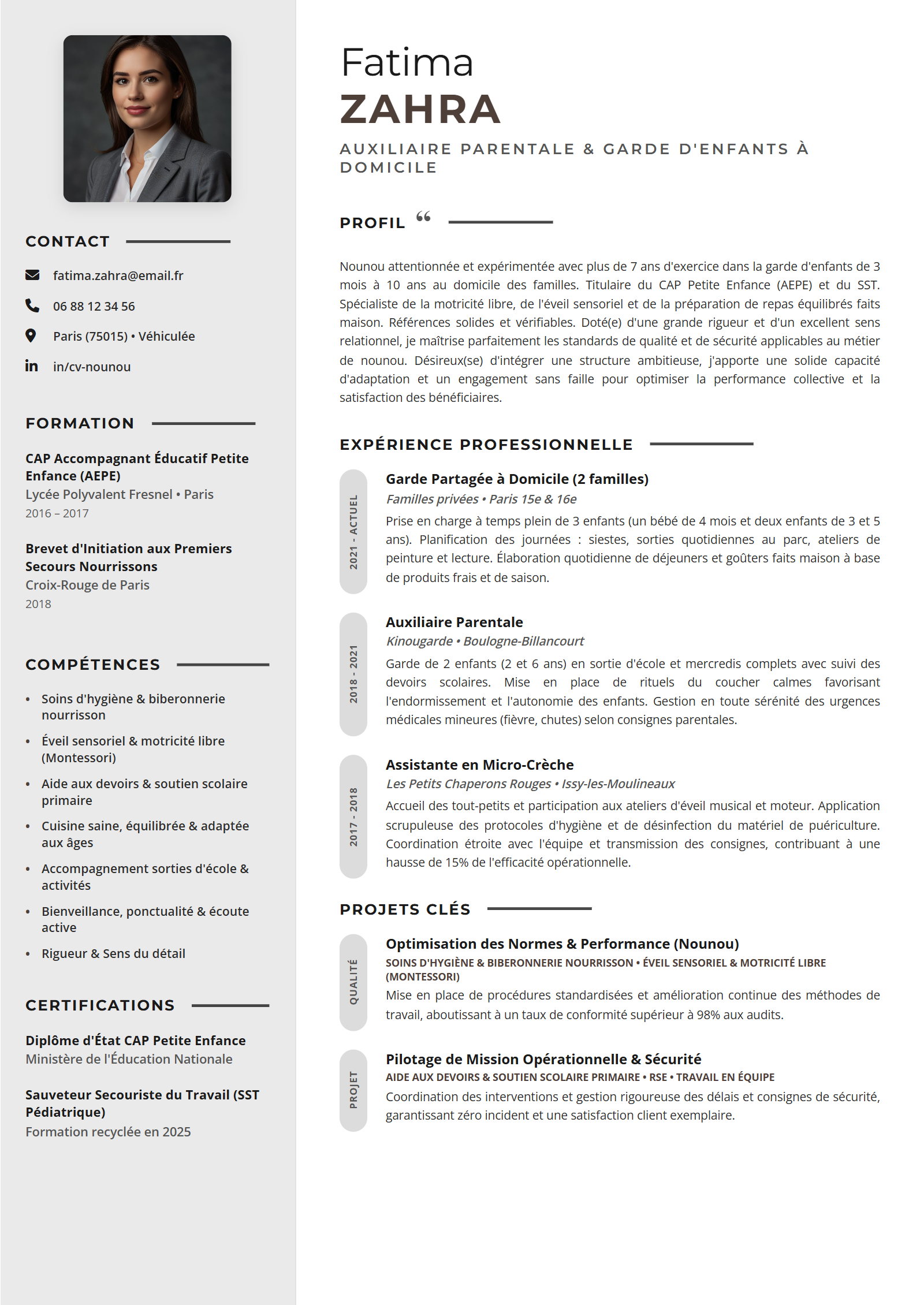 Exemple de CV Nounou (Modèle Professionnel - Format A4)