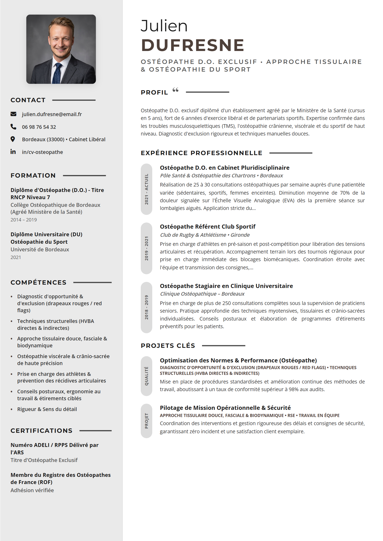 Exemple de CV Ostéopathe (Modèle Professionnel - Format A4)
