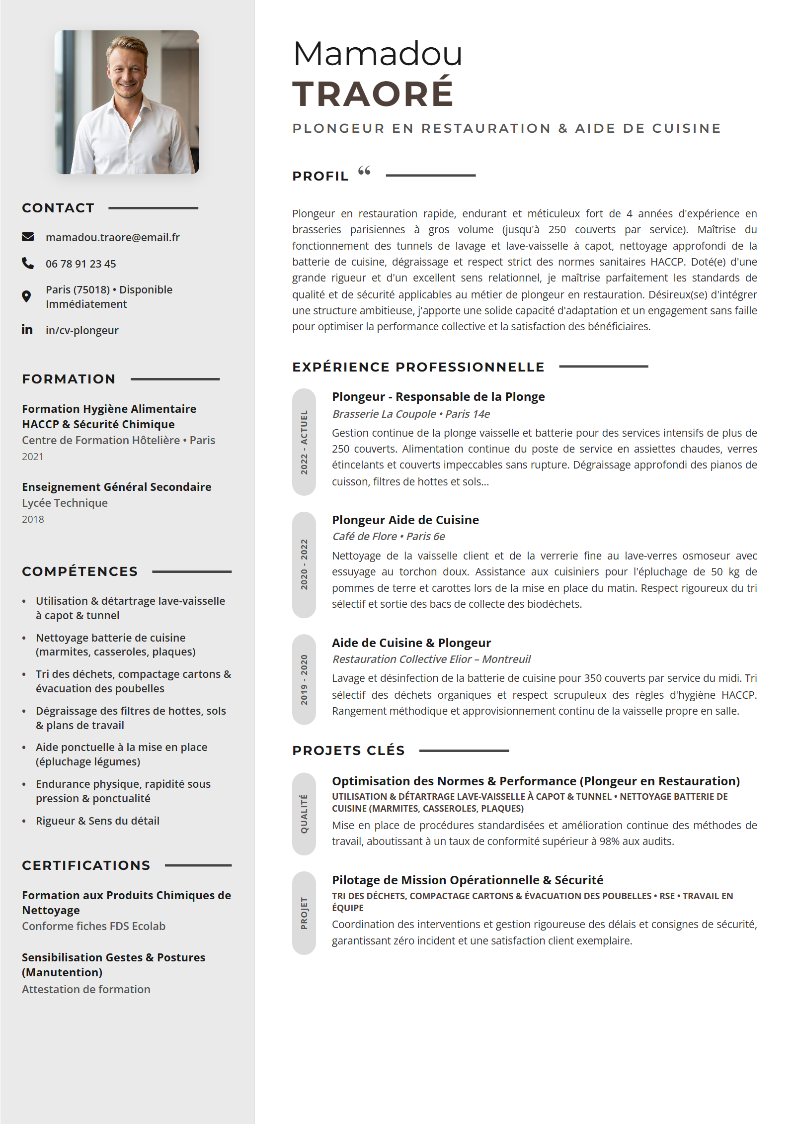 Exemple de CV Plongeur en Restauration (Modèle Professionnel - Format A4)