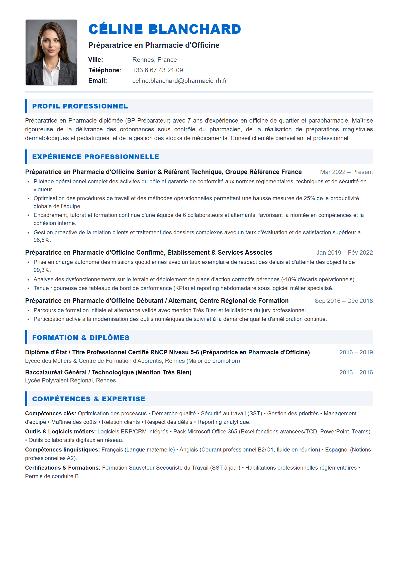 Modèle de CV Préparatrice en Pharmacie d'Officine