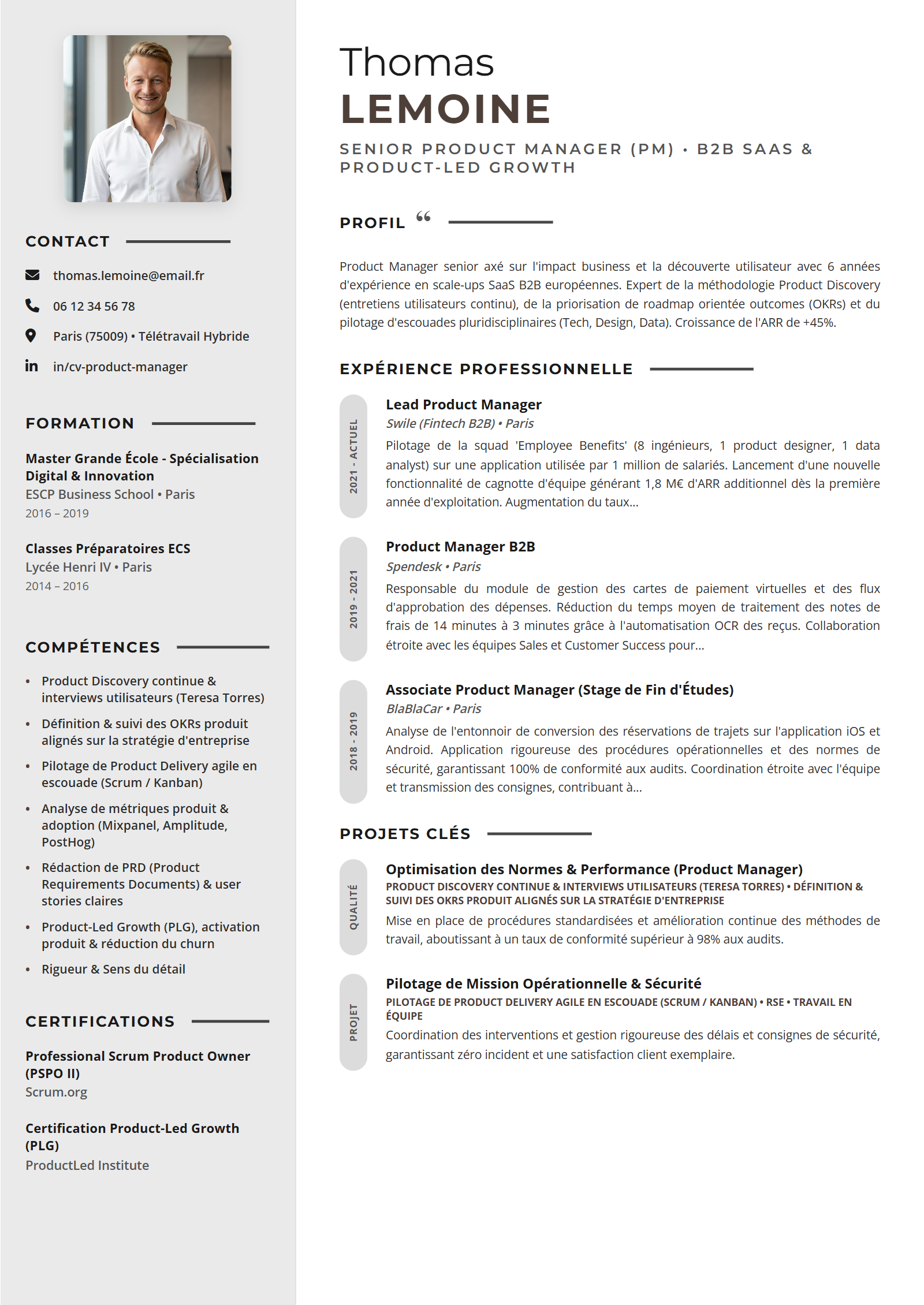Exemple de CV Product Manager (Modèle Professionnel - Format A4)