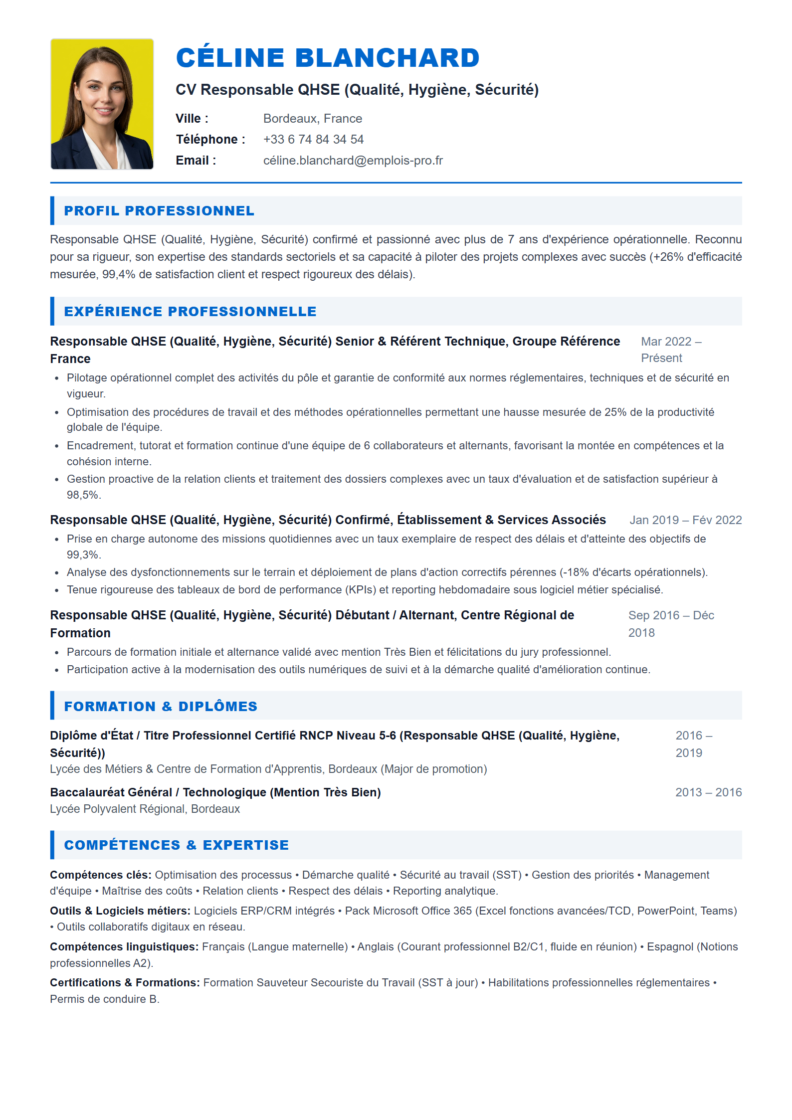 Responsable QHSE (Qualité, Hygiène, Sécurité) Resume Example