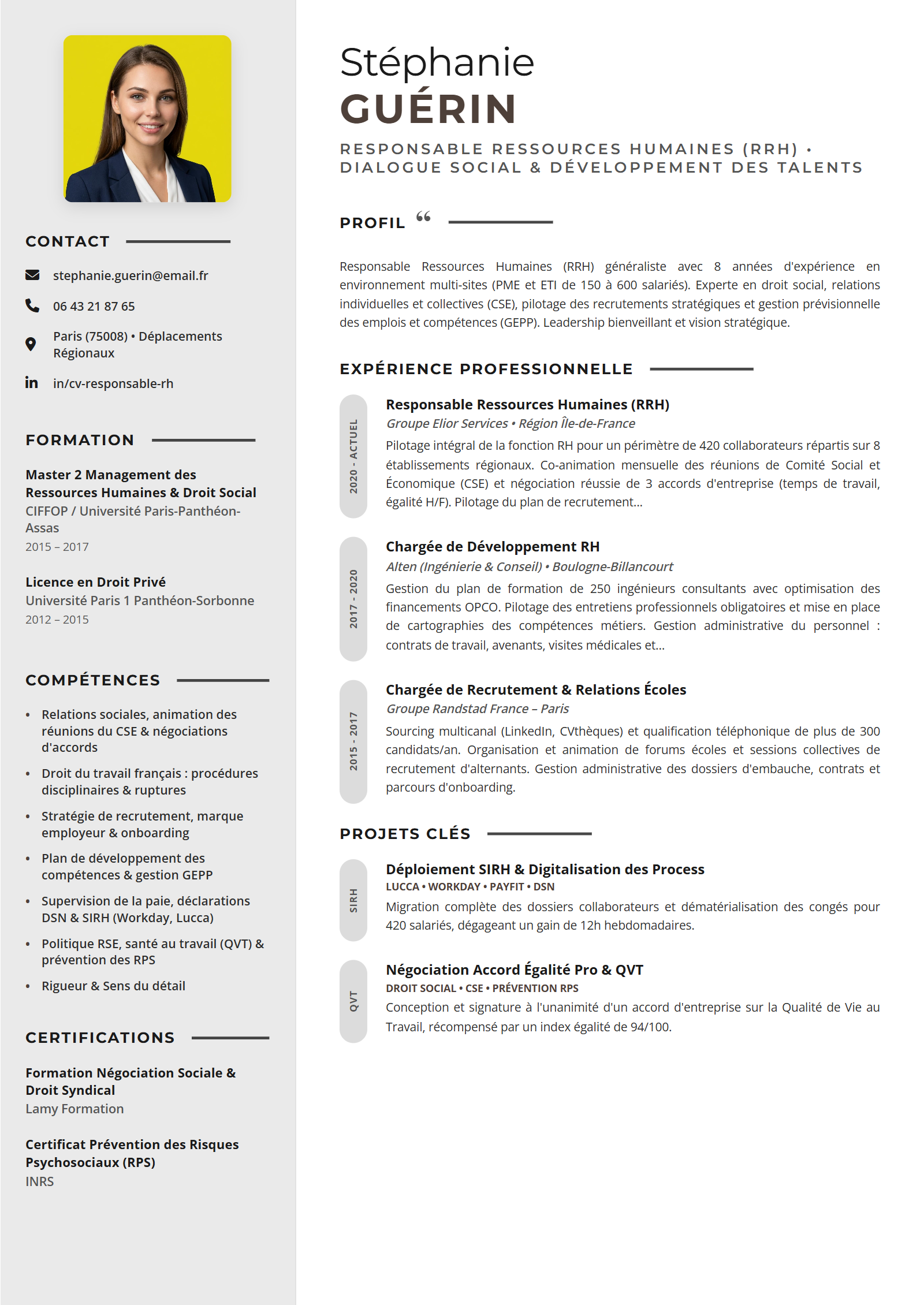 Exemple de CV Responsable RH (Modèle Professionnel - Format A4)