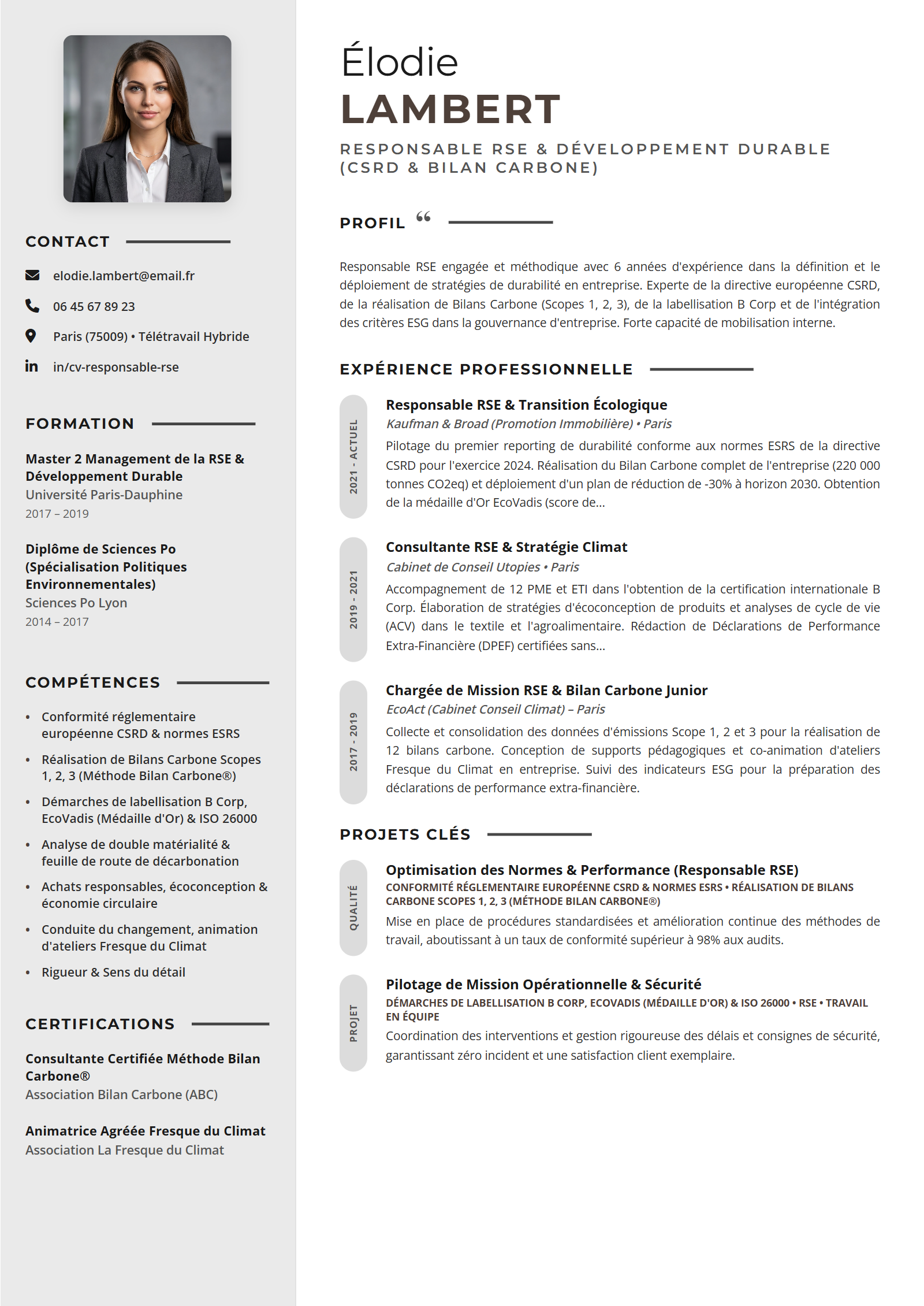 Exemple de CV Responsable RSE (Modèle Professionnel - Format A4)