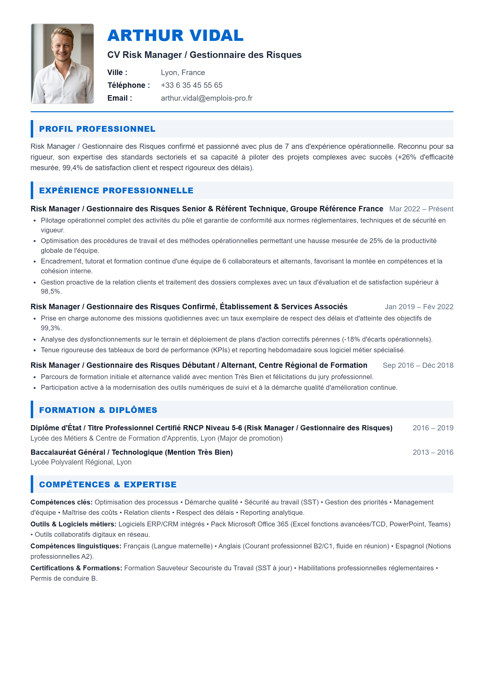 Risk Manager / Gestionnaire des Risques Resume Example