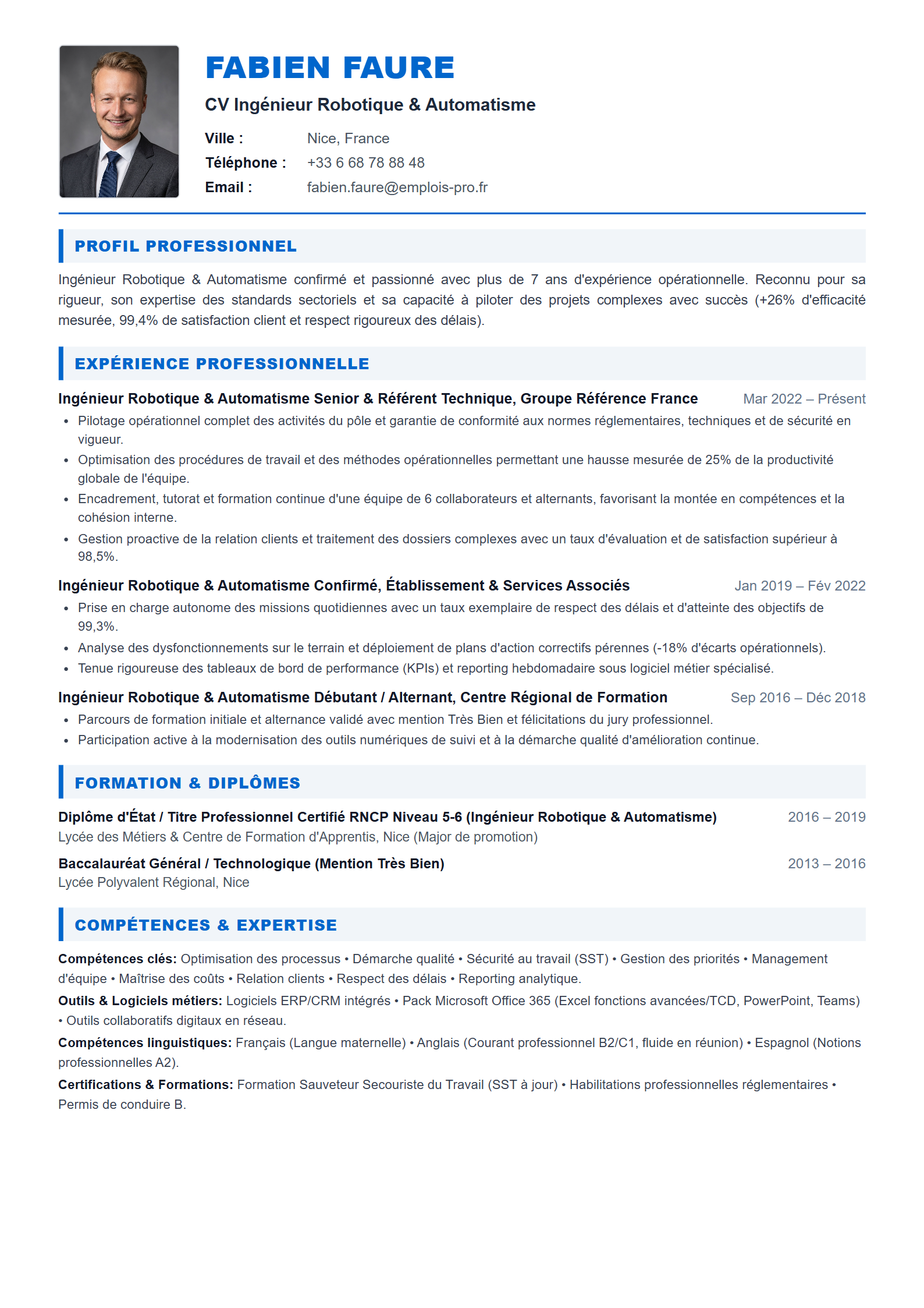 Ingénieur Robotique & Automatisme Resume Example