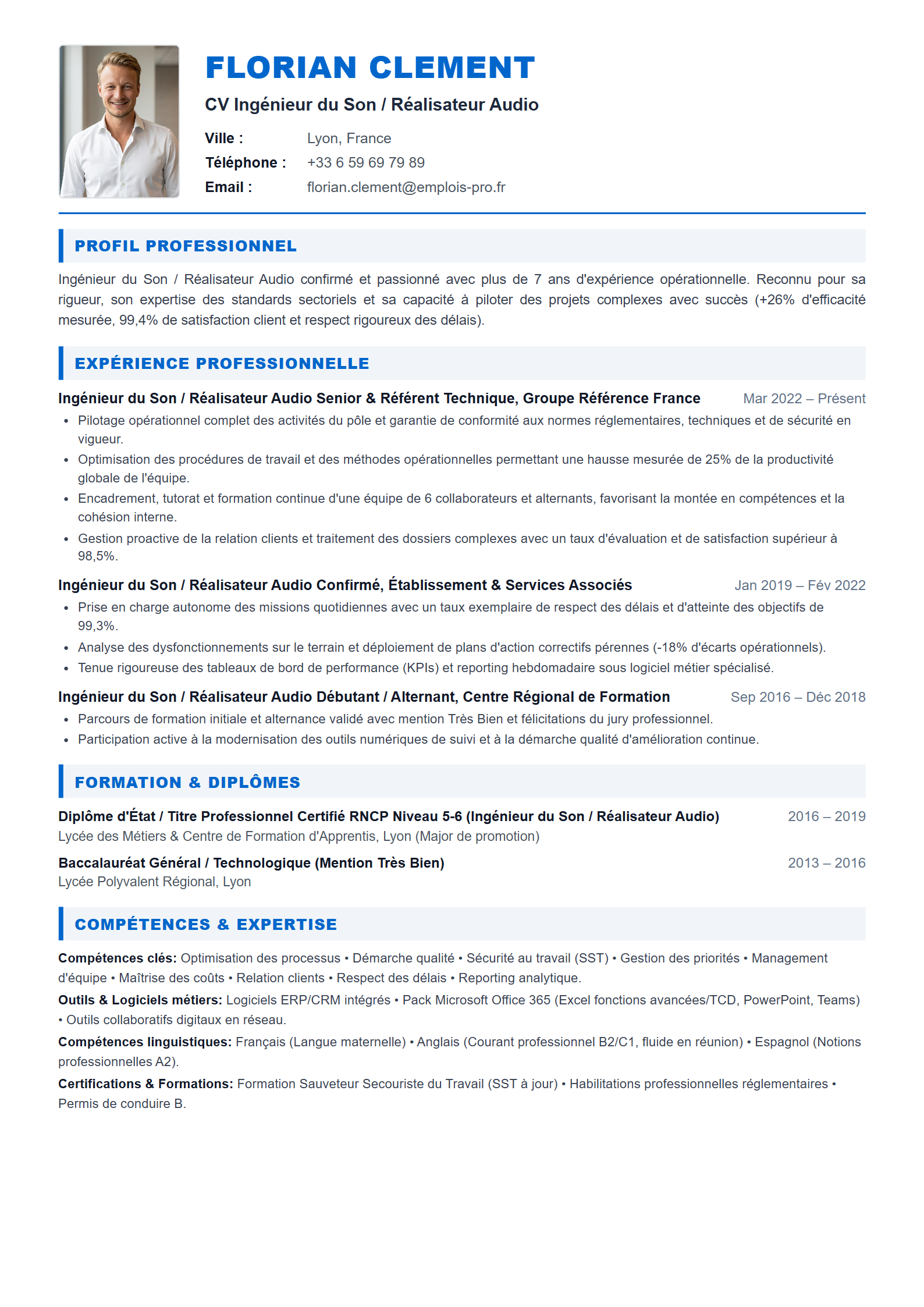 Ingénieur du Son / Réalisateur Audio Resume Example
