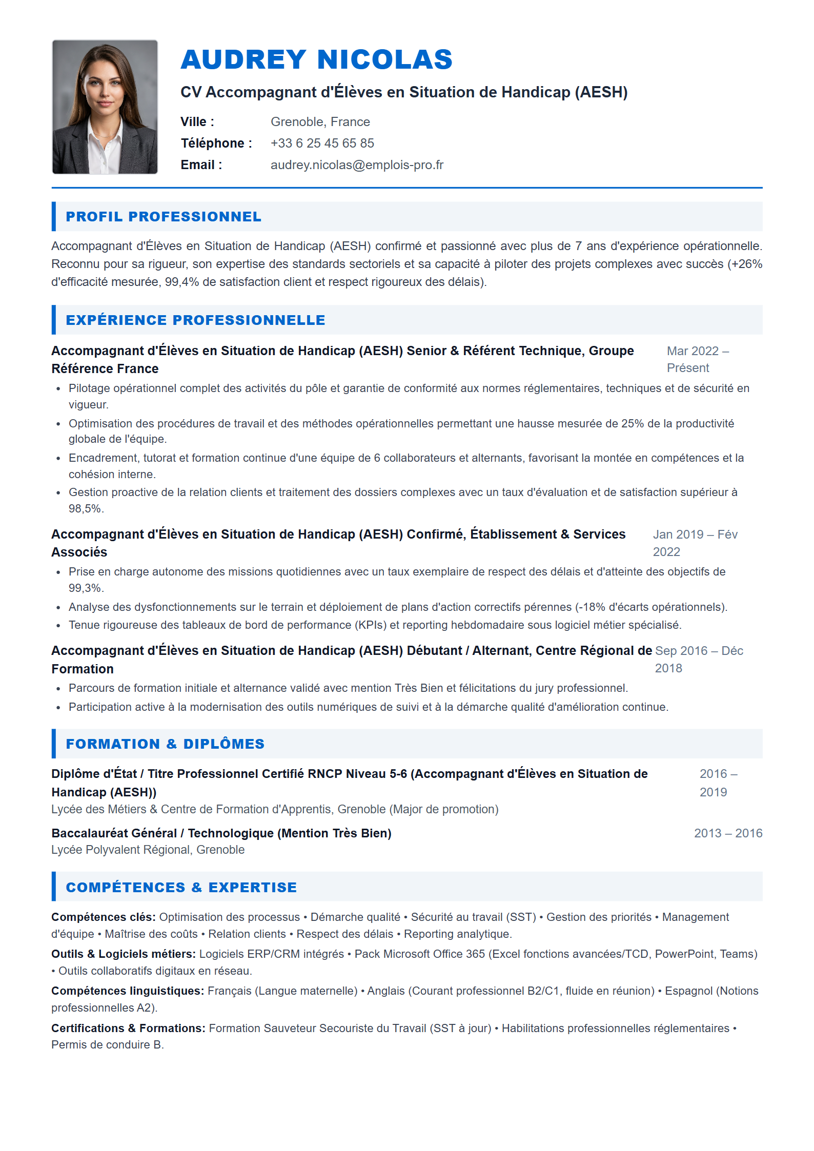 Accompagnant d'Élèves en Situation de Handicap (AESH) Resume Example