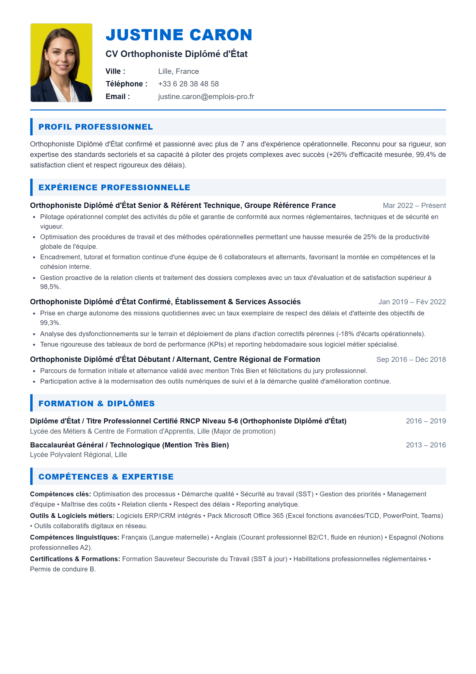 Orthophoniste Diplômé d'État Resume Example