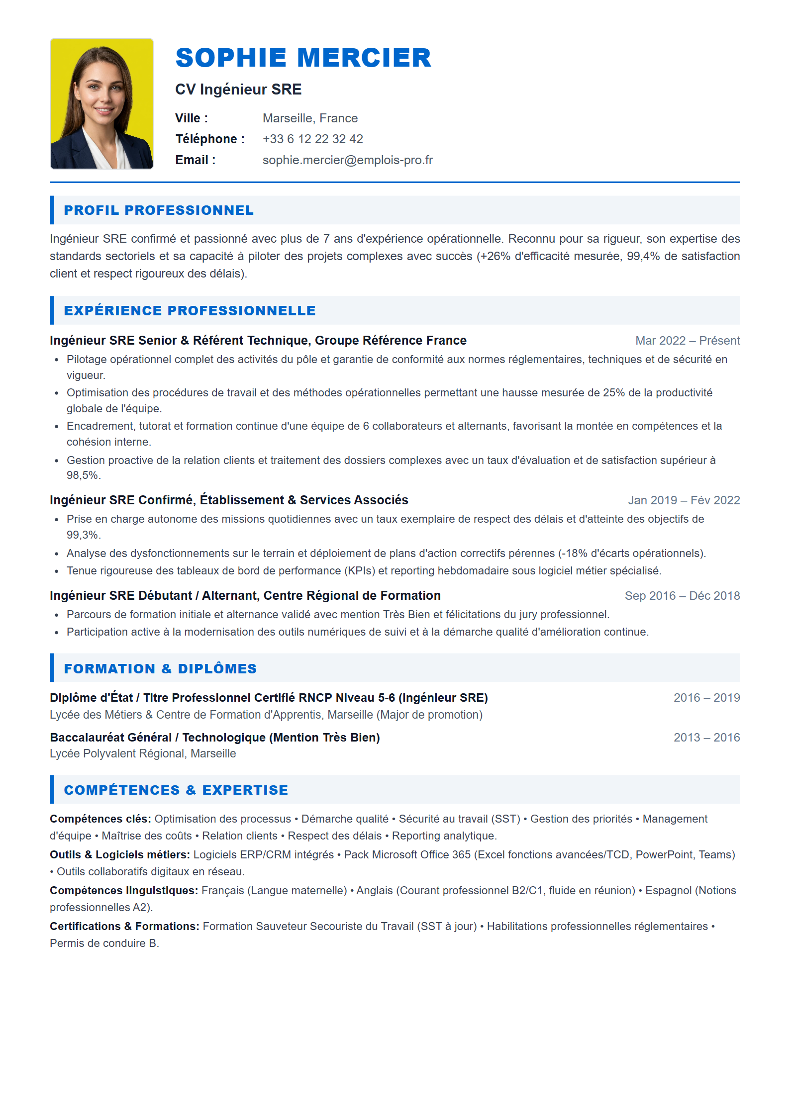Ingénieur SRE Resume Example