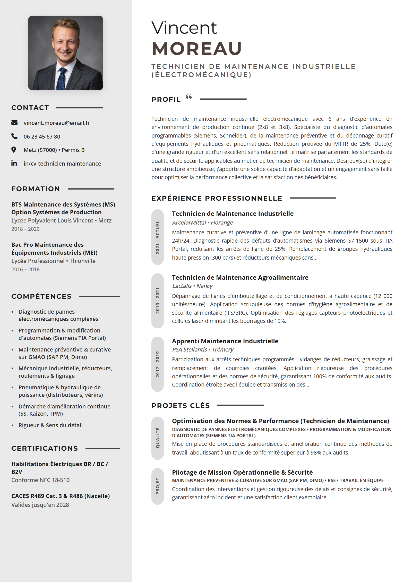 Exemple de CV Technicien de Maintenance (Modèle Professionnel - Format A4)