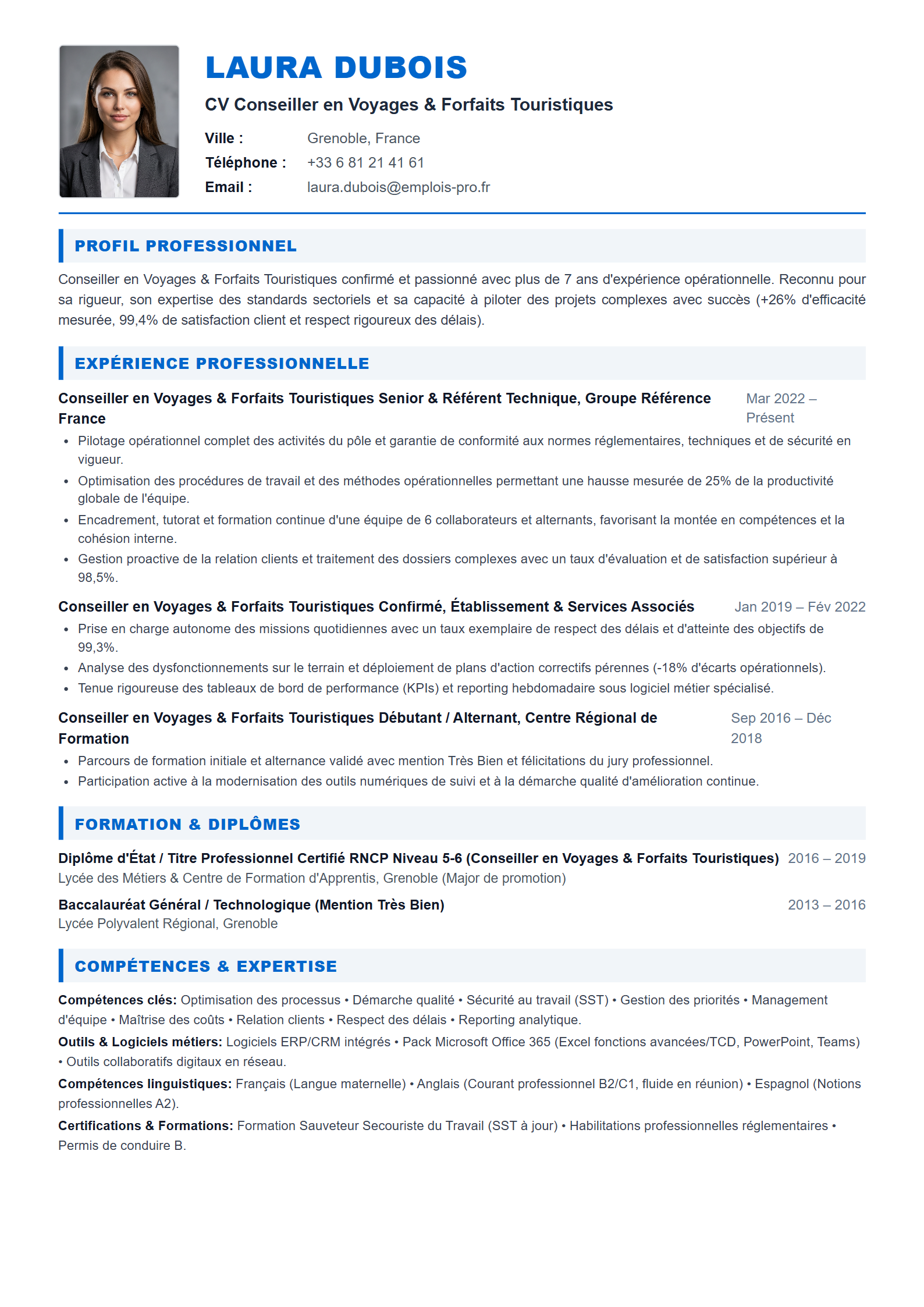Conseiller en Voyages & Forfaits Touristiques Resume Example