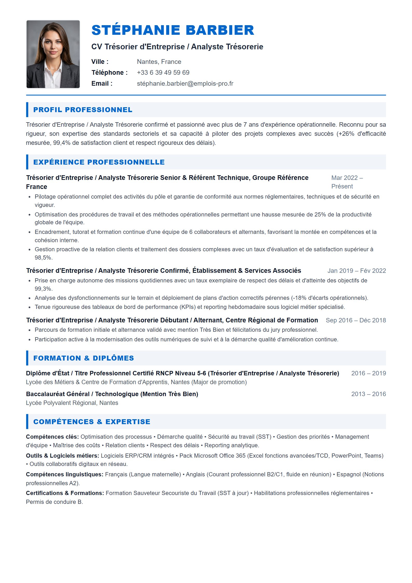 Trésorier d'Entreprise / Analyste Trésorerie Resume Example