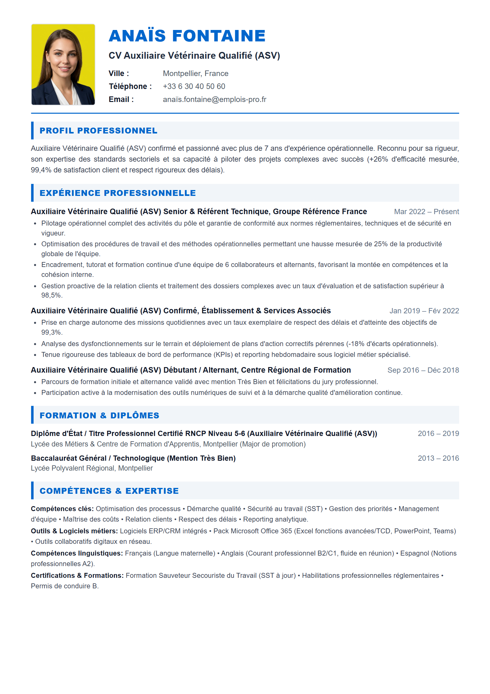 Auxiliaire Vétérinaire Qualifié (ASV) Resume Example