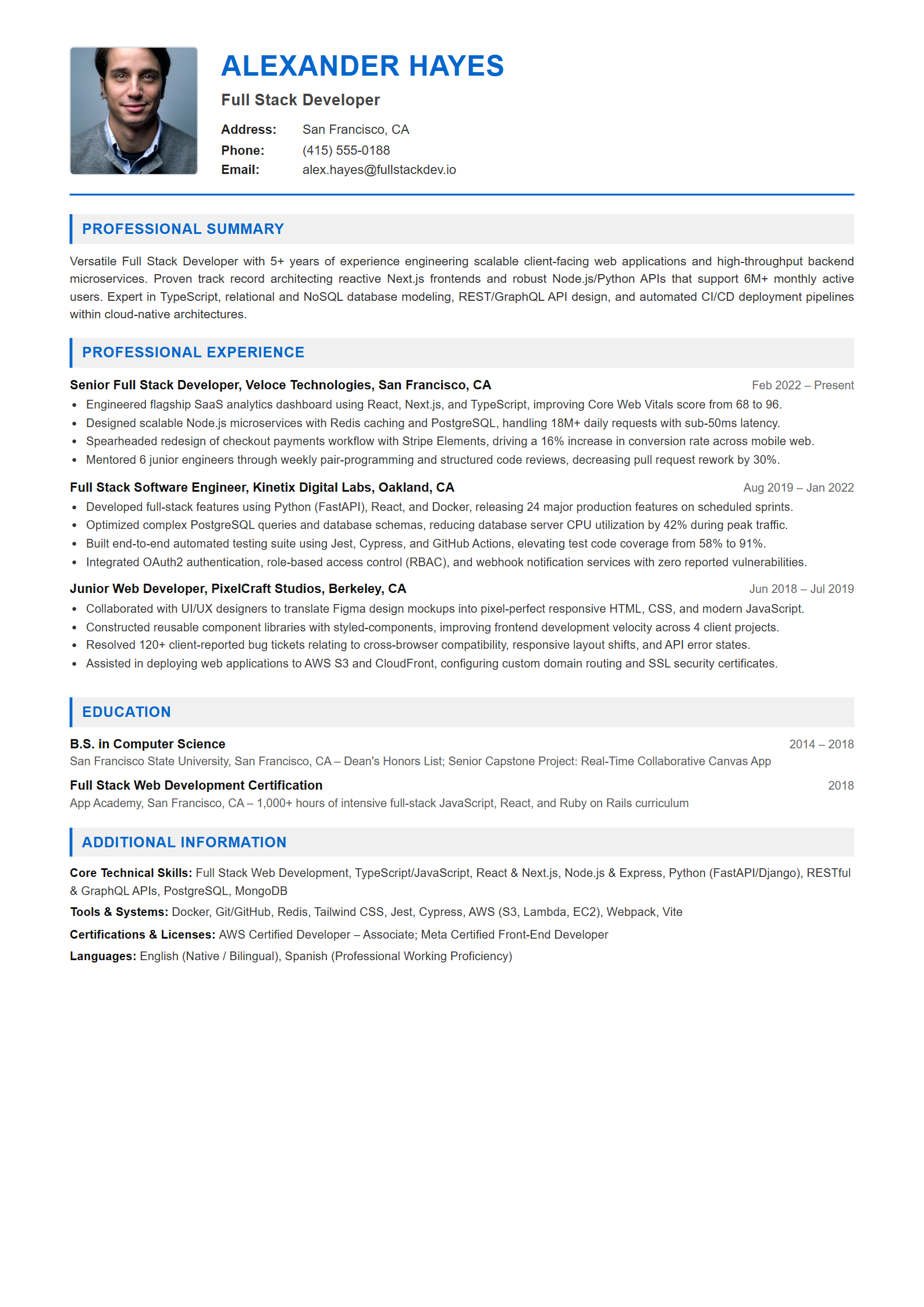 Full Stack Developer Resume Example (Template 107 - Executive Single-Page Format)