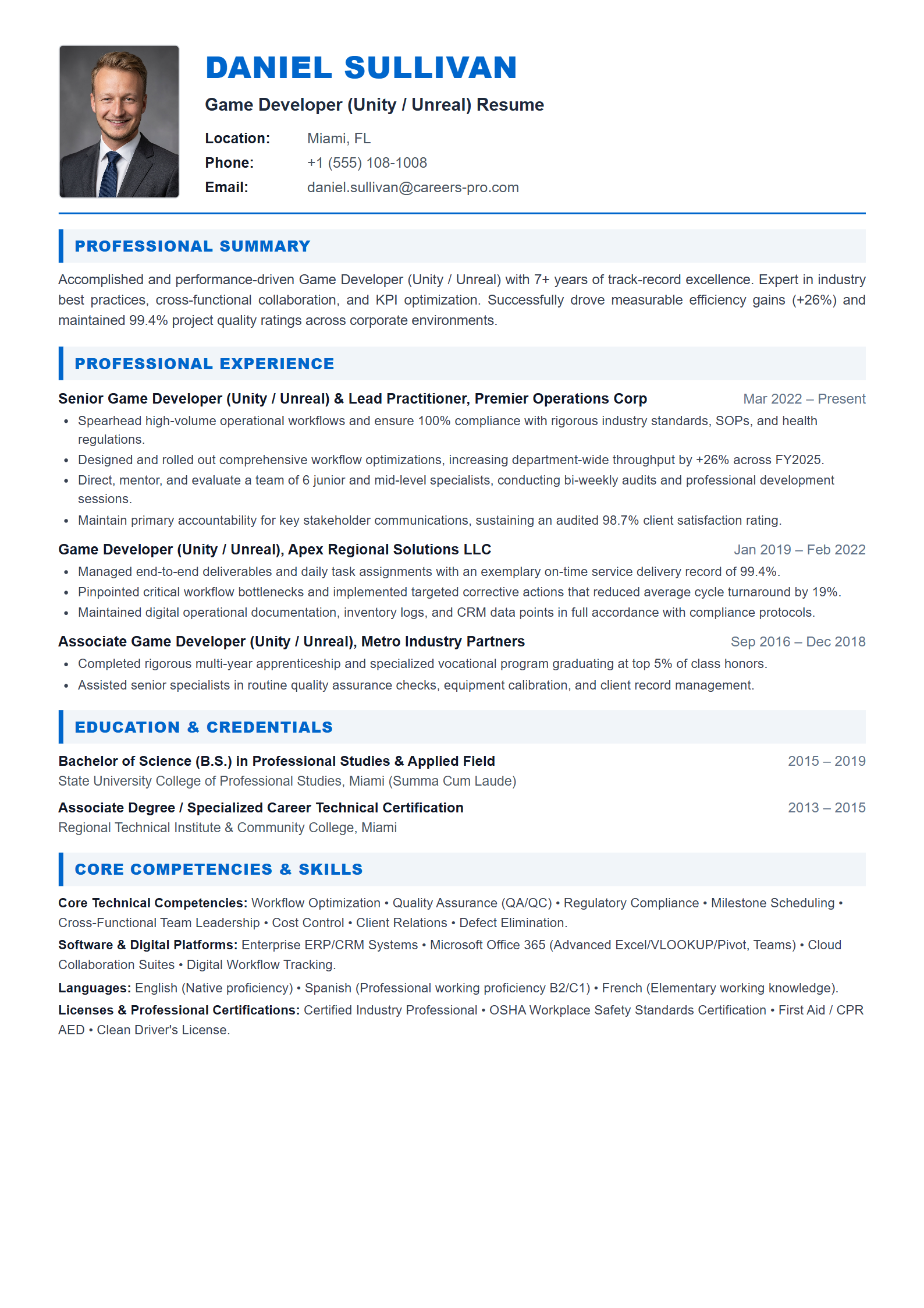 Game Developer (Unity / Unreal) Resume Example