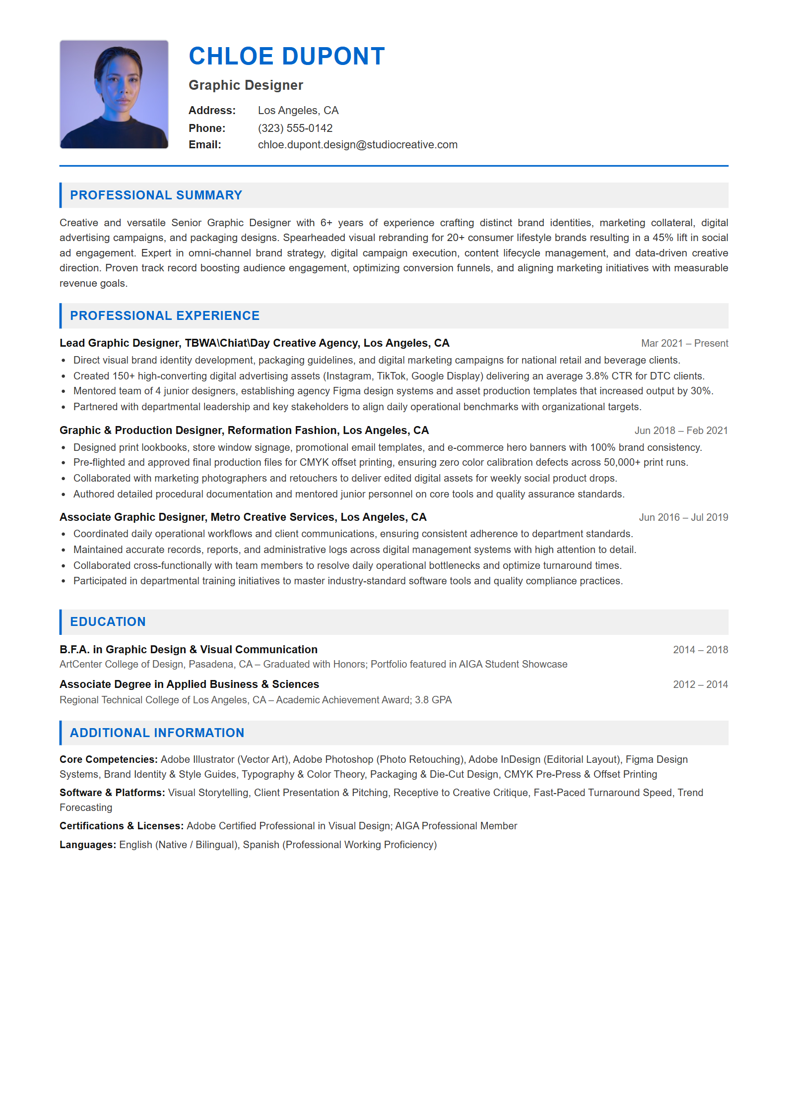 Graphic Designer Resume Example (Template 107 - Executive Single-Page Format)