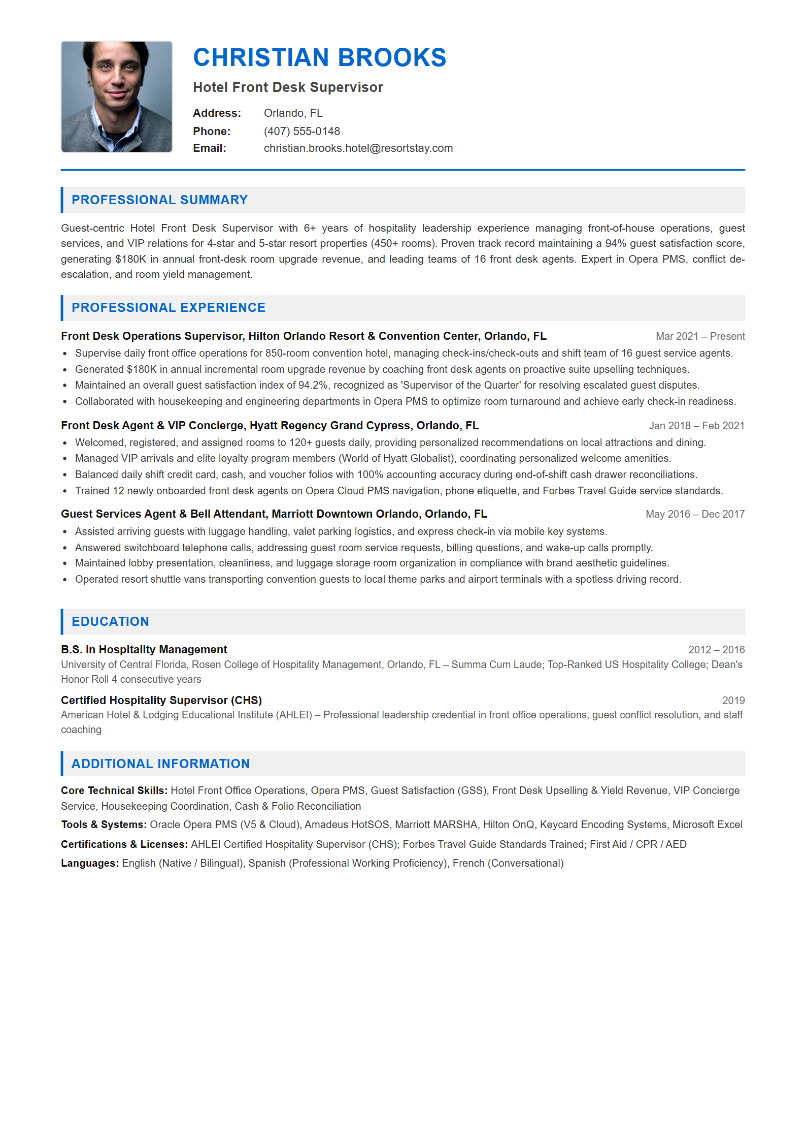 Hotel Front Desk Supervisor Resume Example (Template 107 - Executive Single-Page Format)