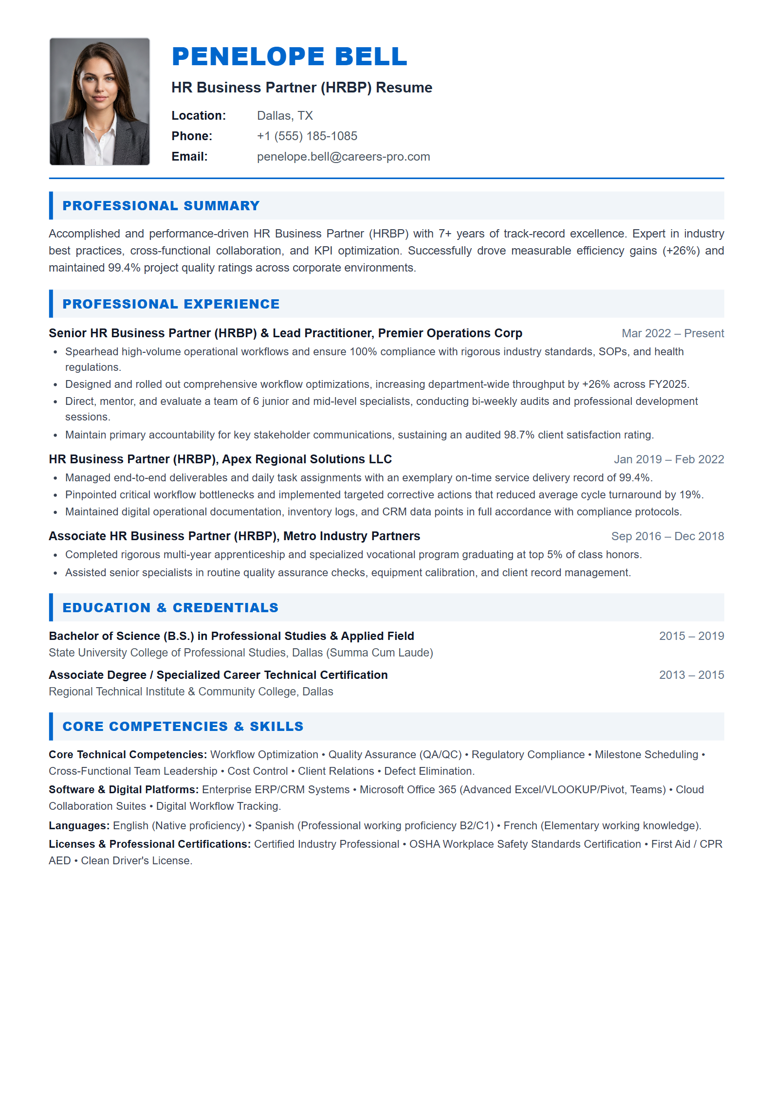 HR Business Partner (HRBP) Resume Example