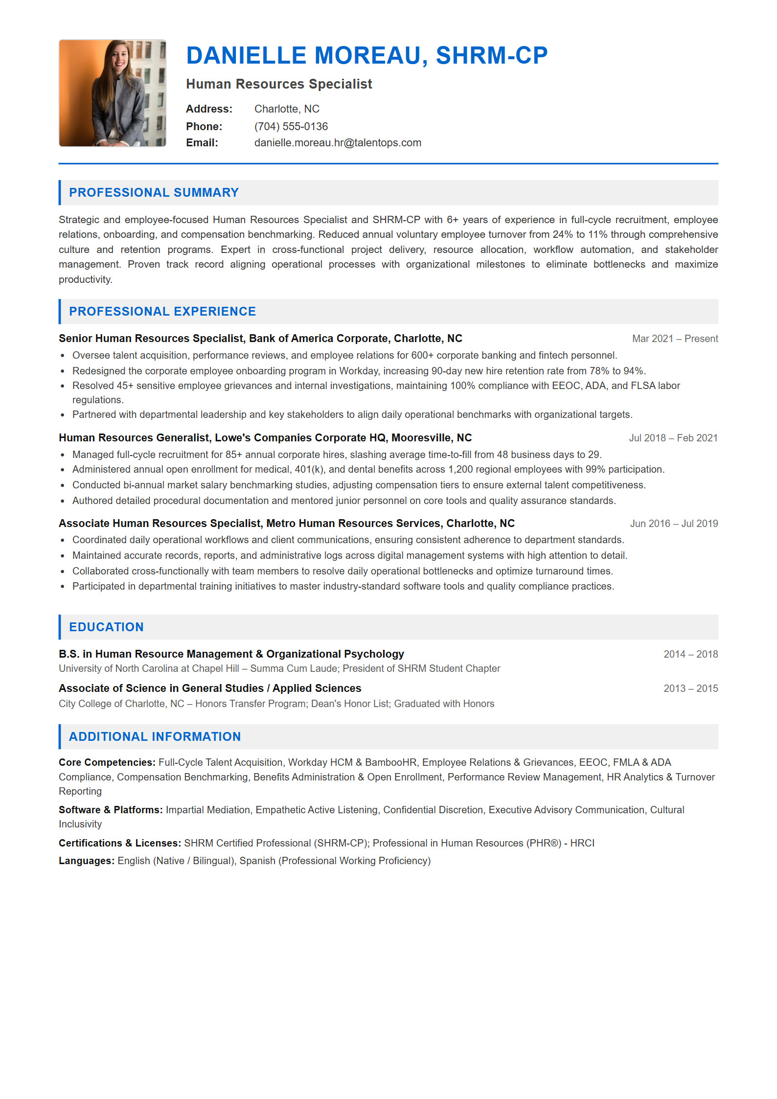 Human Resources Specialist Resume Example (Template 107 - Executive Single-Page Format)