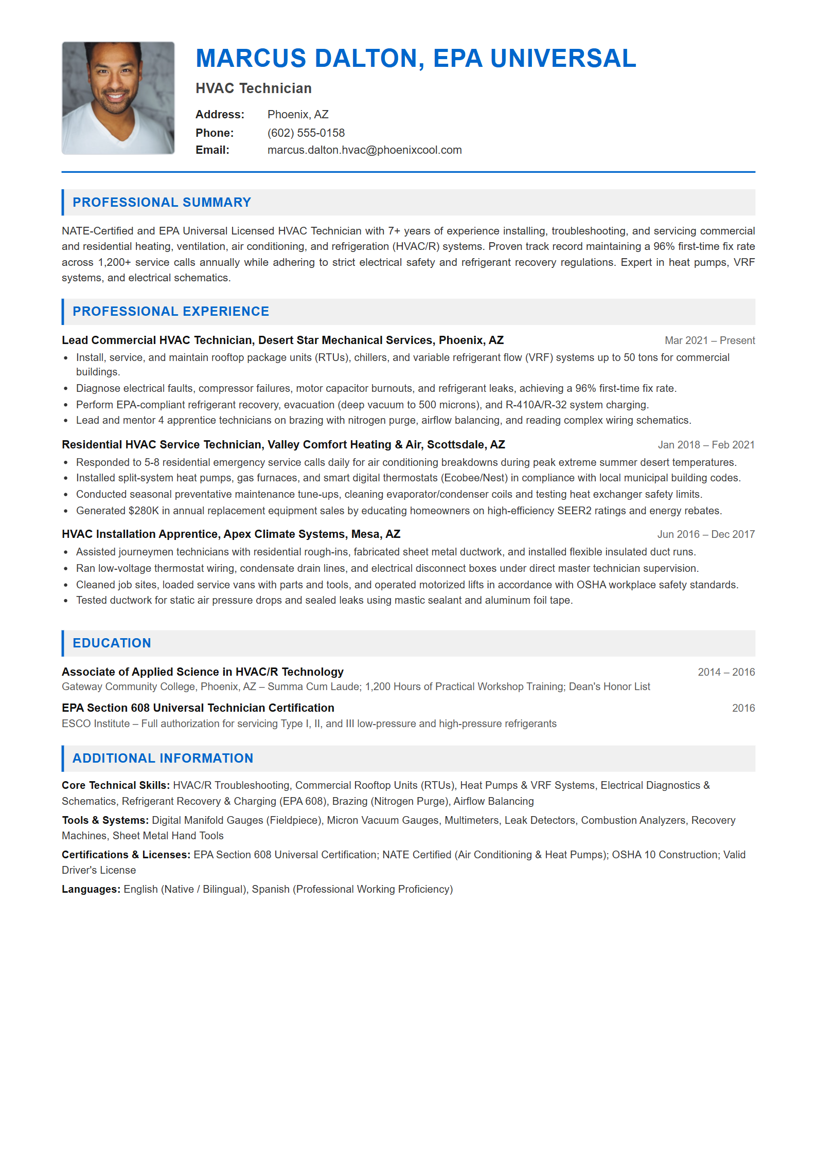 HVAC Technician Resume Example (Template 107 - Executive Single-Page Format)