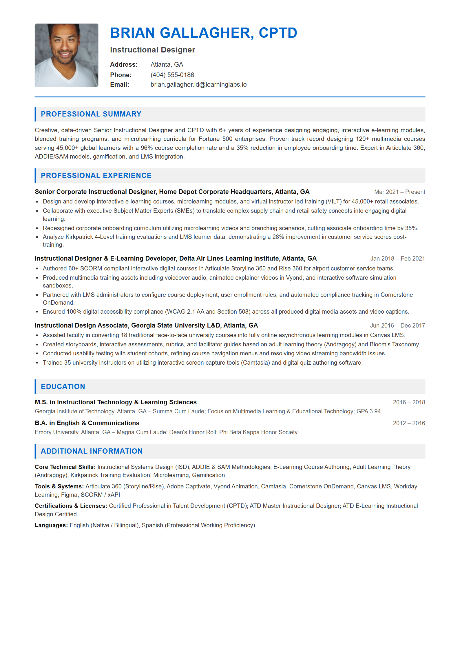 Instructional Designer Resume Example (Template 107 - Executive Single-Page Format)