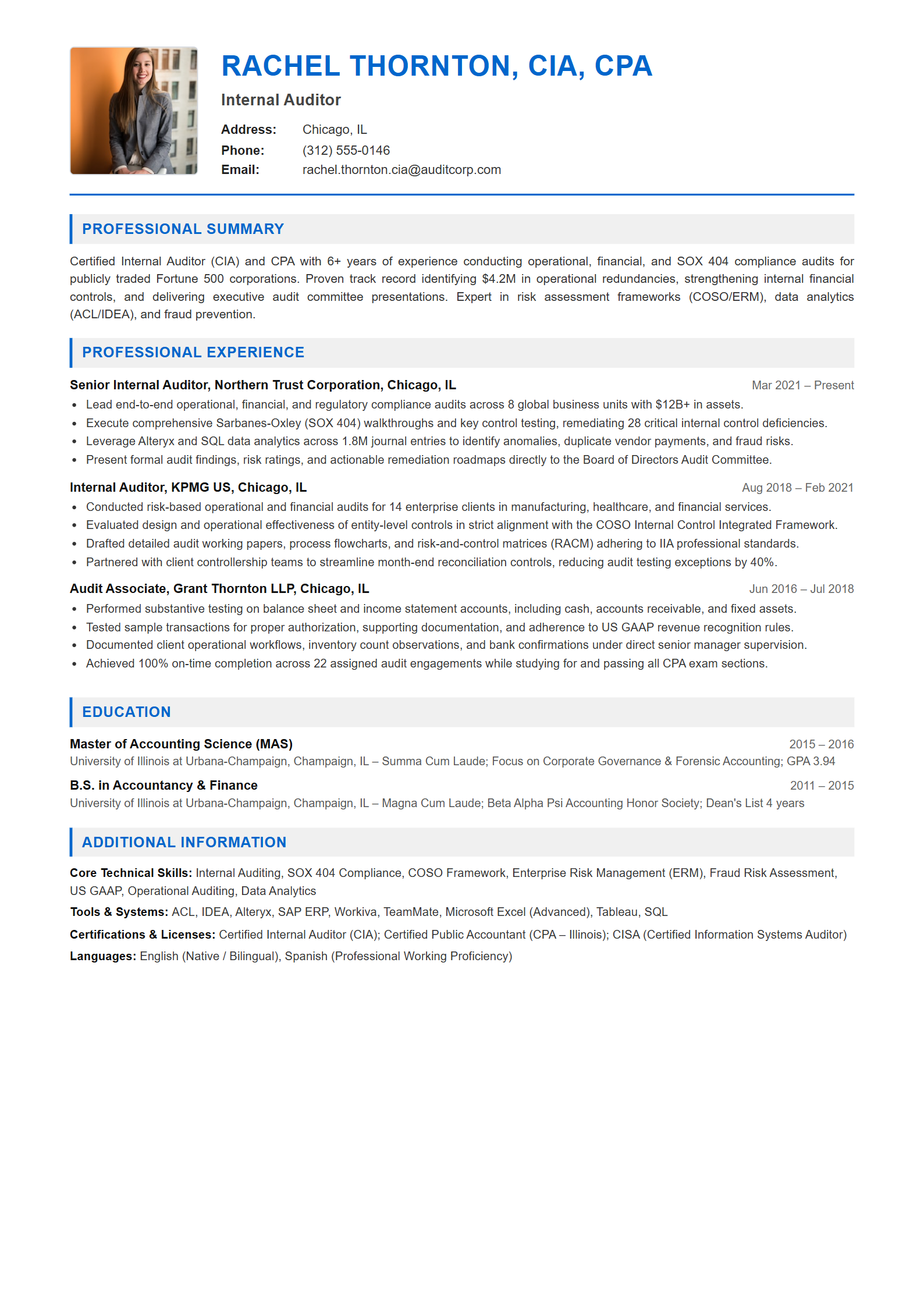 Internal Auditor Resume Example (Template 107 - Executive Single-Page Format)