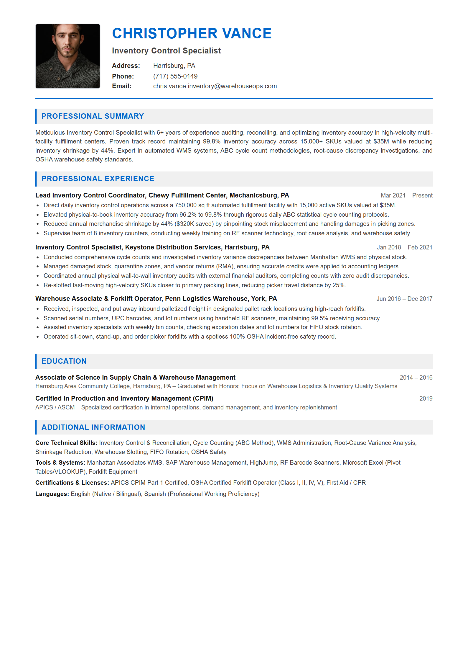 Inventory Control Specialist Resume Example (Template 107 - Executive Single-Page Format)