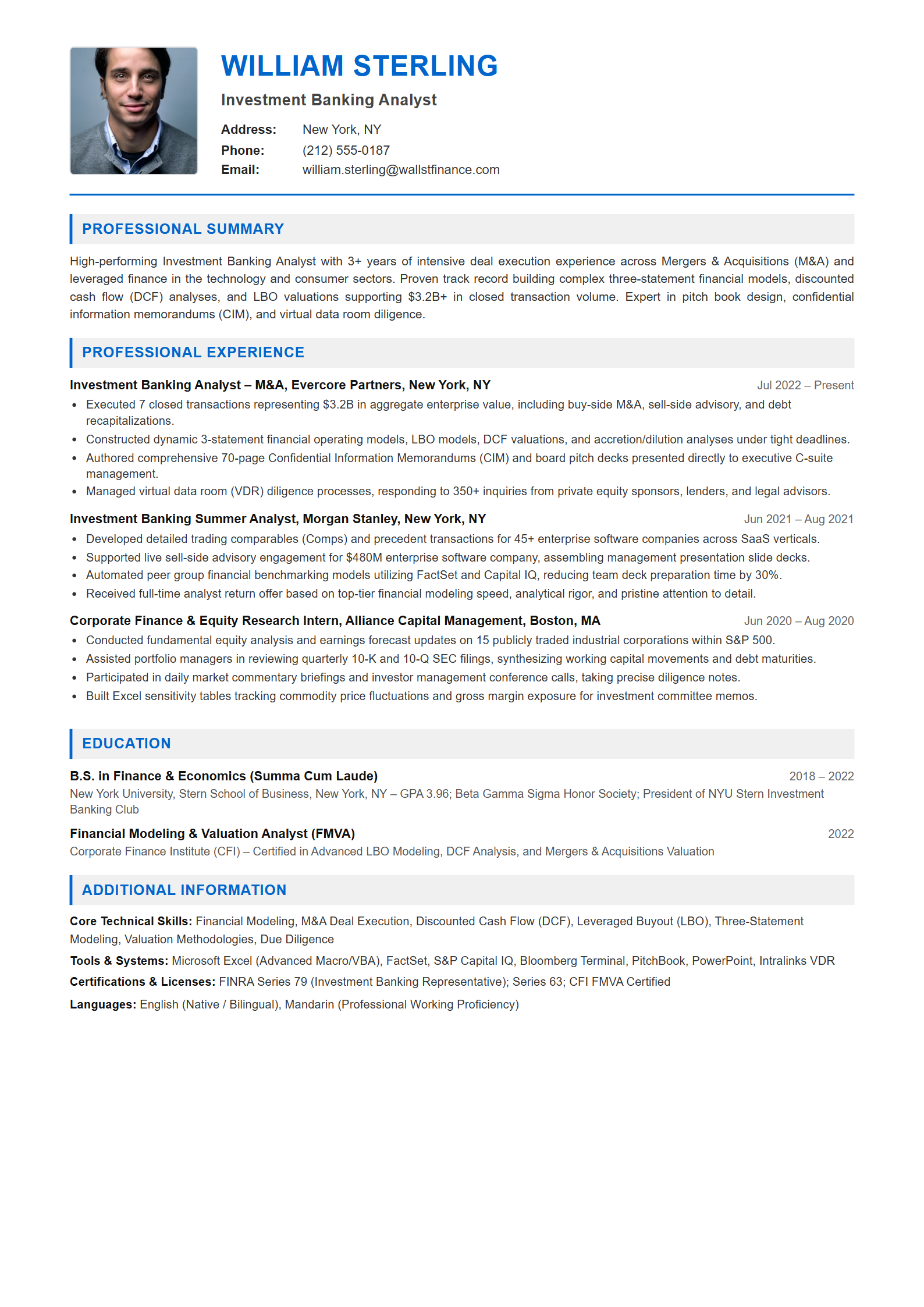 Investment Banking Analyst Resume Example (Template 107 - Executive Single-Page Format)