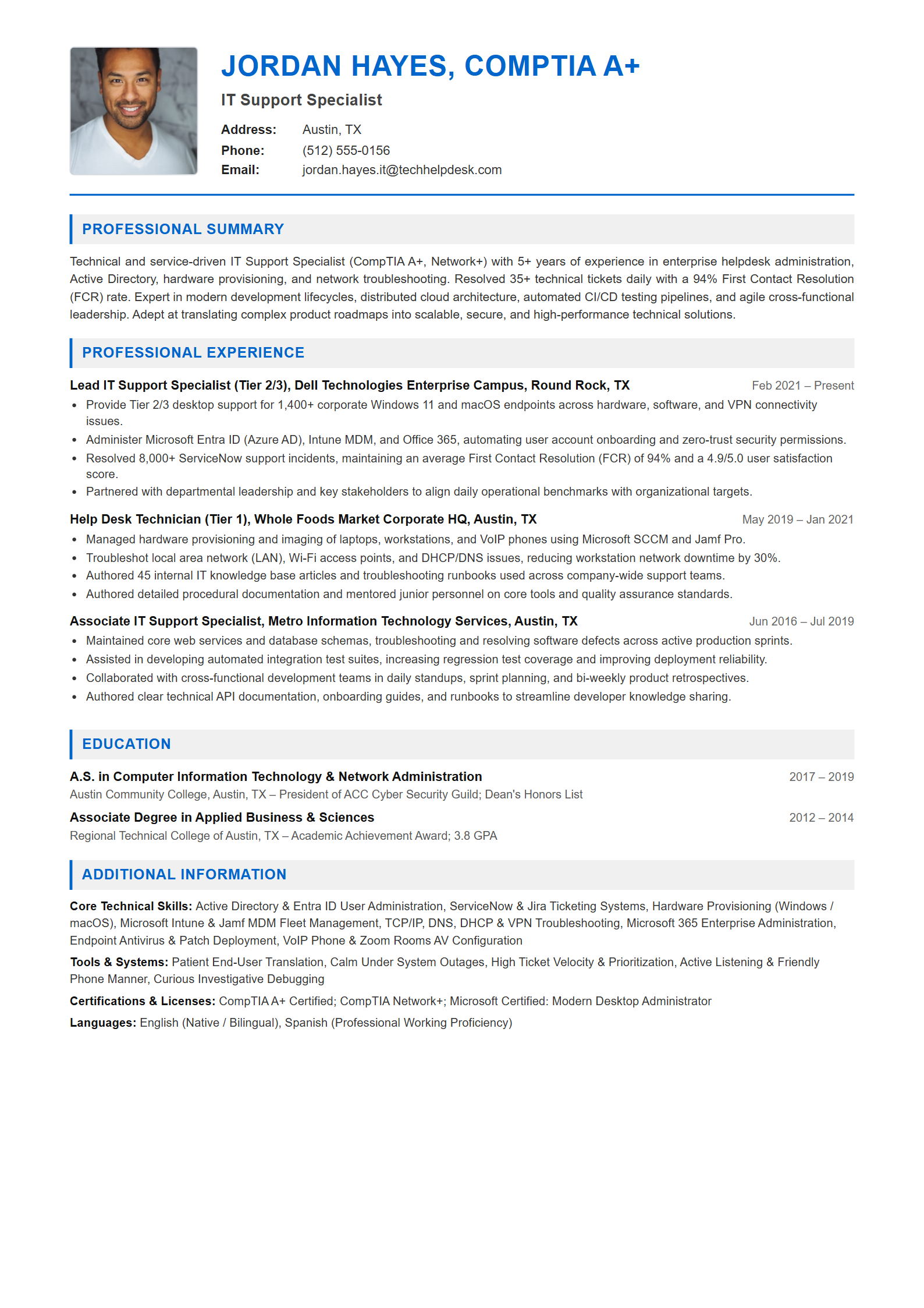 IT Support Specialist Resume Example (Template 107 - Executive Single-Page Format)