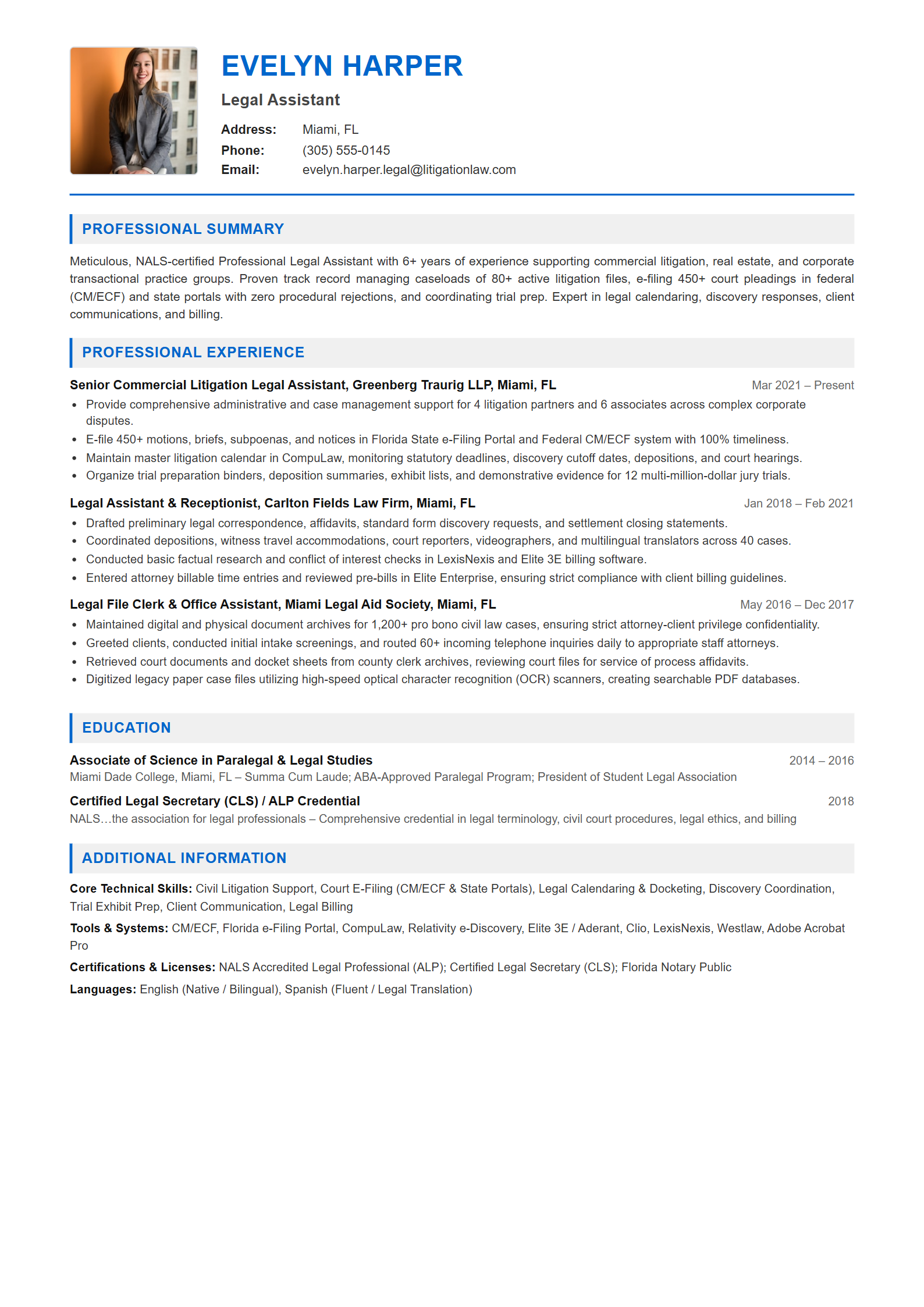 Legal Assistant Resume Example (Template 107 - Executive Single-Page Format)