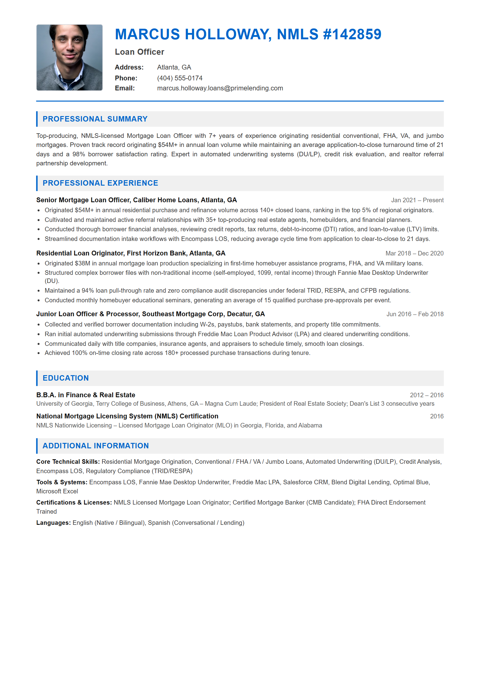 Loan Officer Resume Example (Template 107 - Executive Single-Page Format)