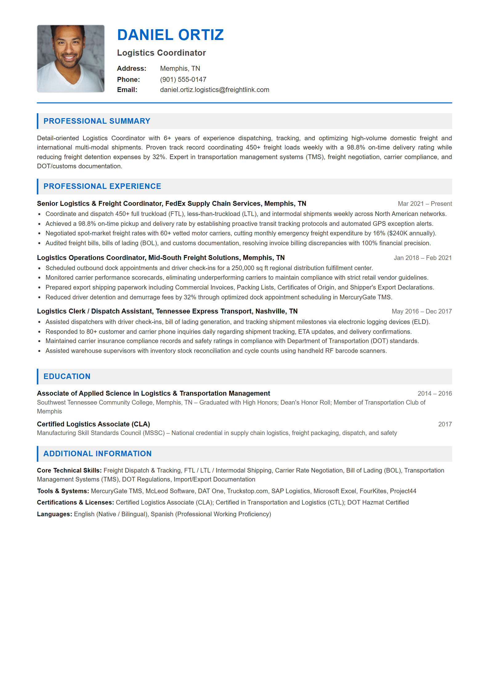Logistics Coordinator Resume Example (Template 107 - Executive Single-Page Format)
