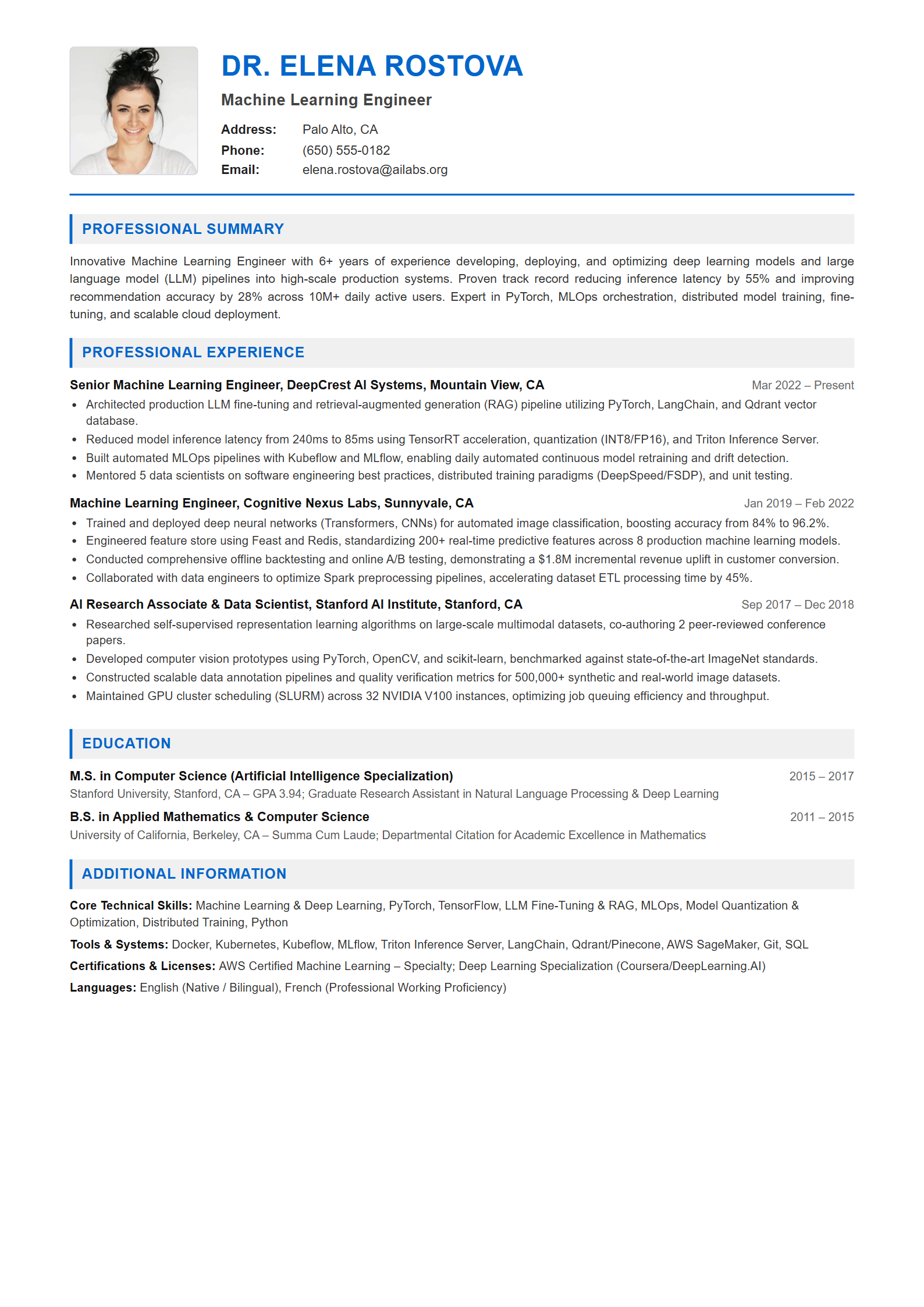 Machine Learning Engineer Resume Example (Template 107 - Executive Single-Page Format)