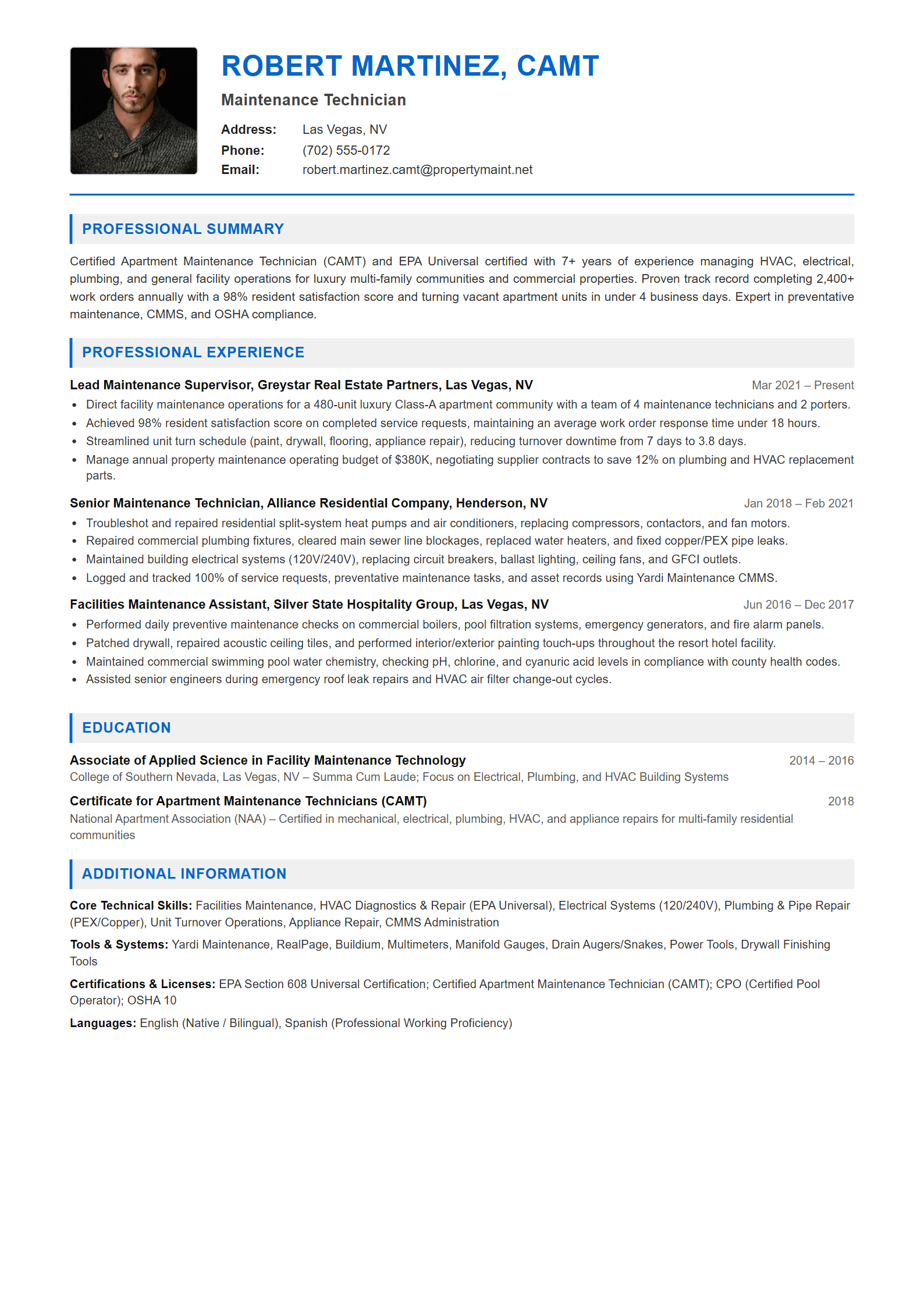 Maintenance Technician Resume Example (Template 107 - Executive Single-Page Format)