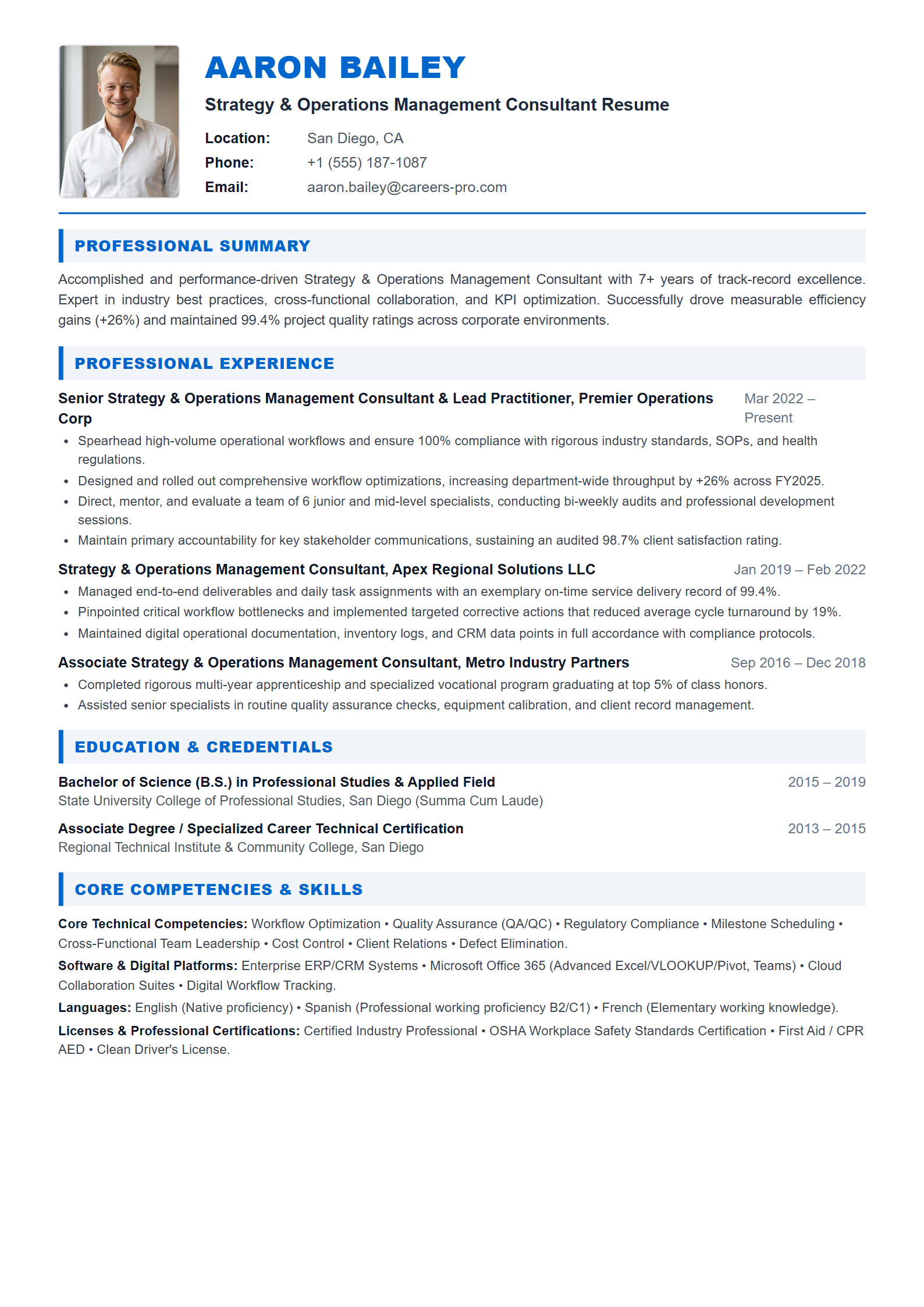 Strategy & Operations Management Consultant Resume Example