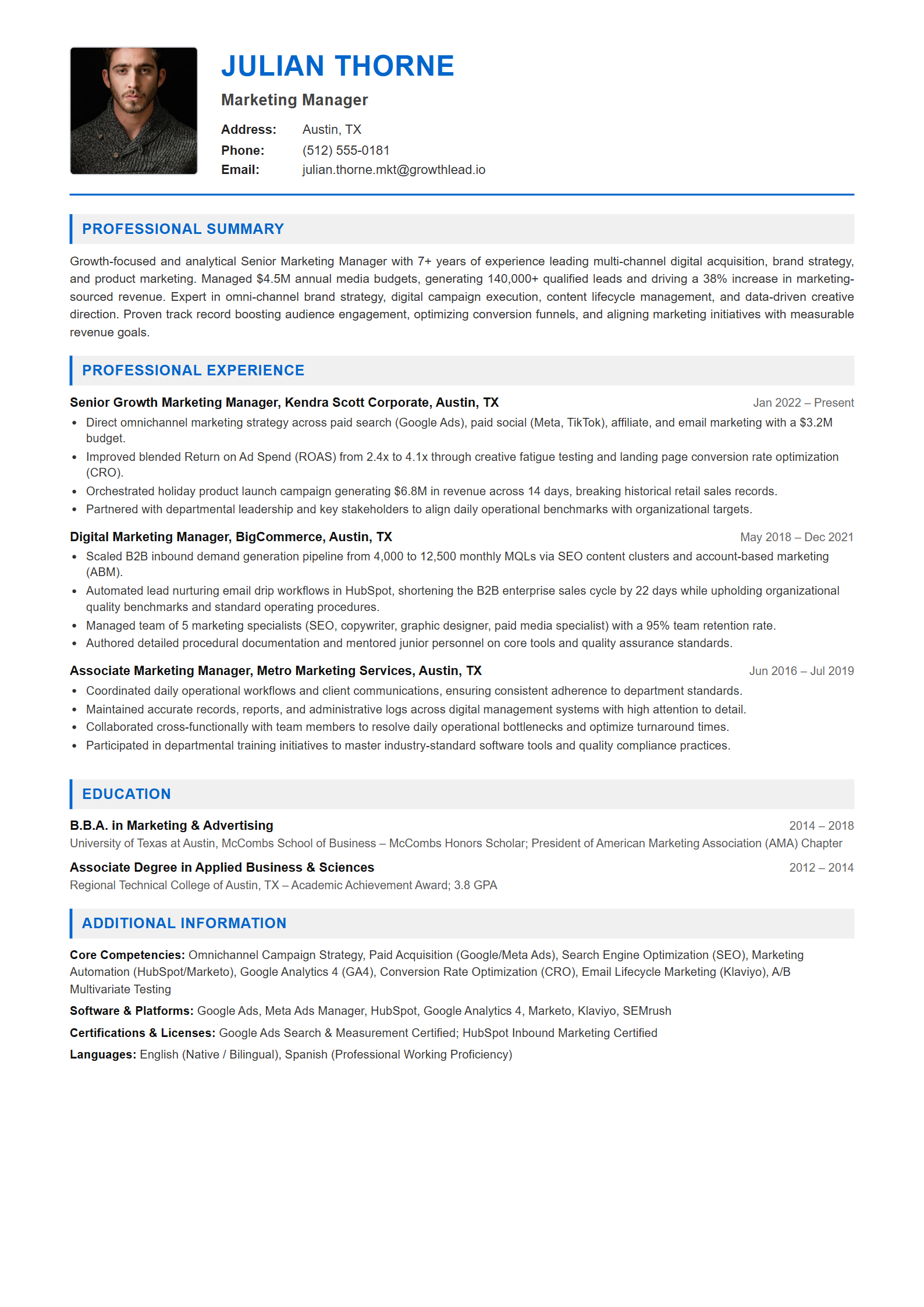 Marketing Manager Resume Example (Template 107 - Executive Single-Page Format)