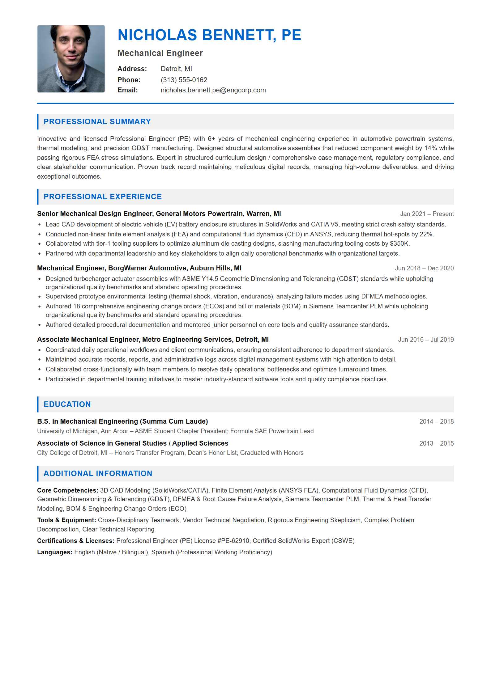 Mechanical Engineer Resume Example (Template 107 - Executive Single-Page Format)
