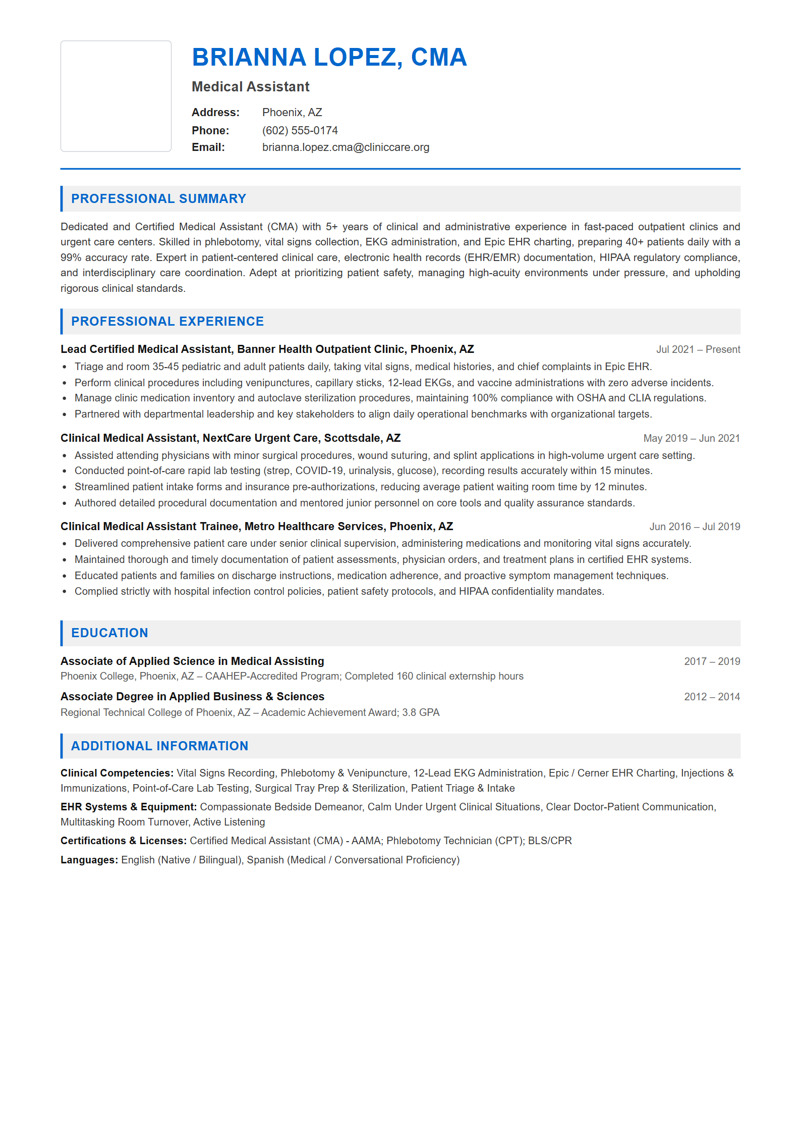 Medical Assistant Resume Example (Template 107 - Executive Single-Page Format)