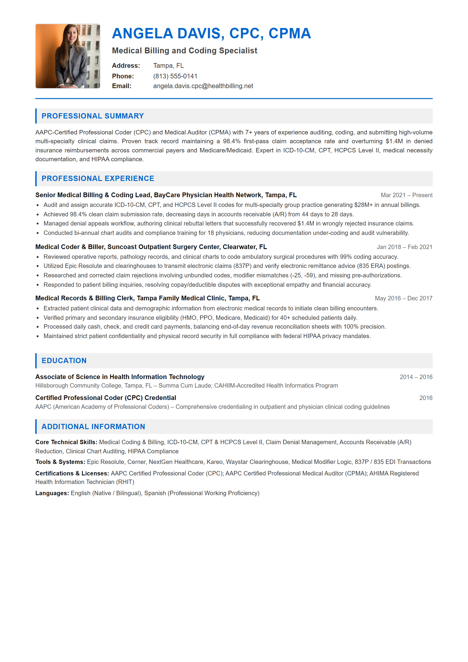 Medical Billing and Coding Specialist Resume Example (Template 107 - Executive Single-Page Format)