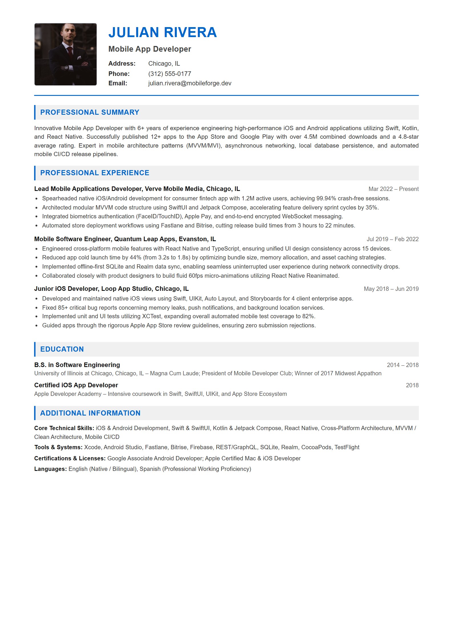 Mobile App Developer Resume Example (Template 107 - Executive Single-Page Format)