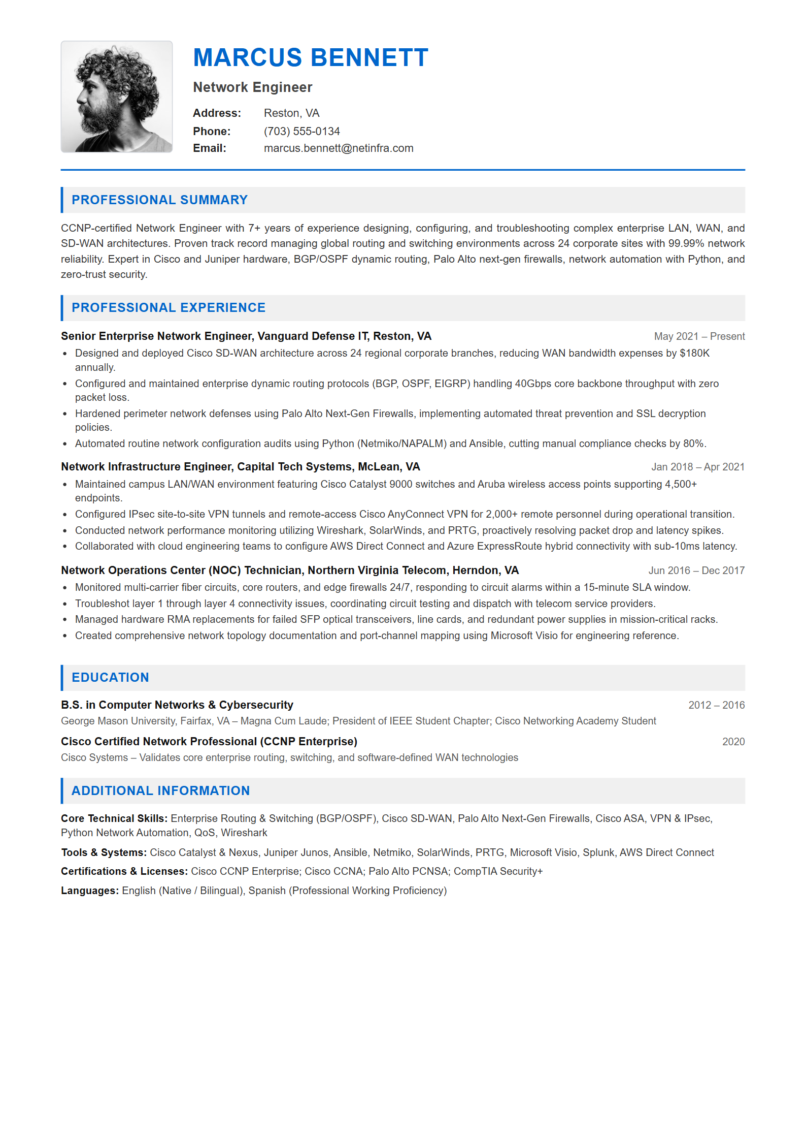 Network Engineer Resume Example (Template 107 - Executive Single-Page Format)