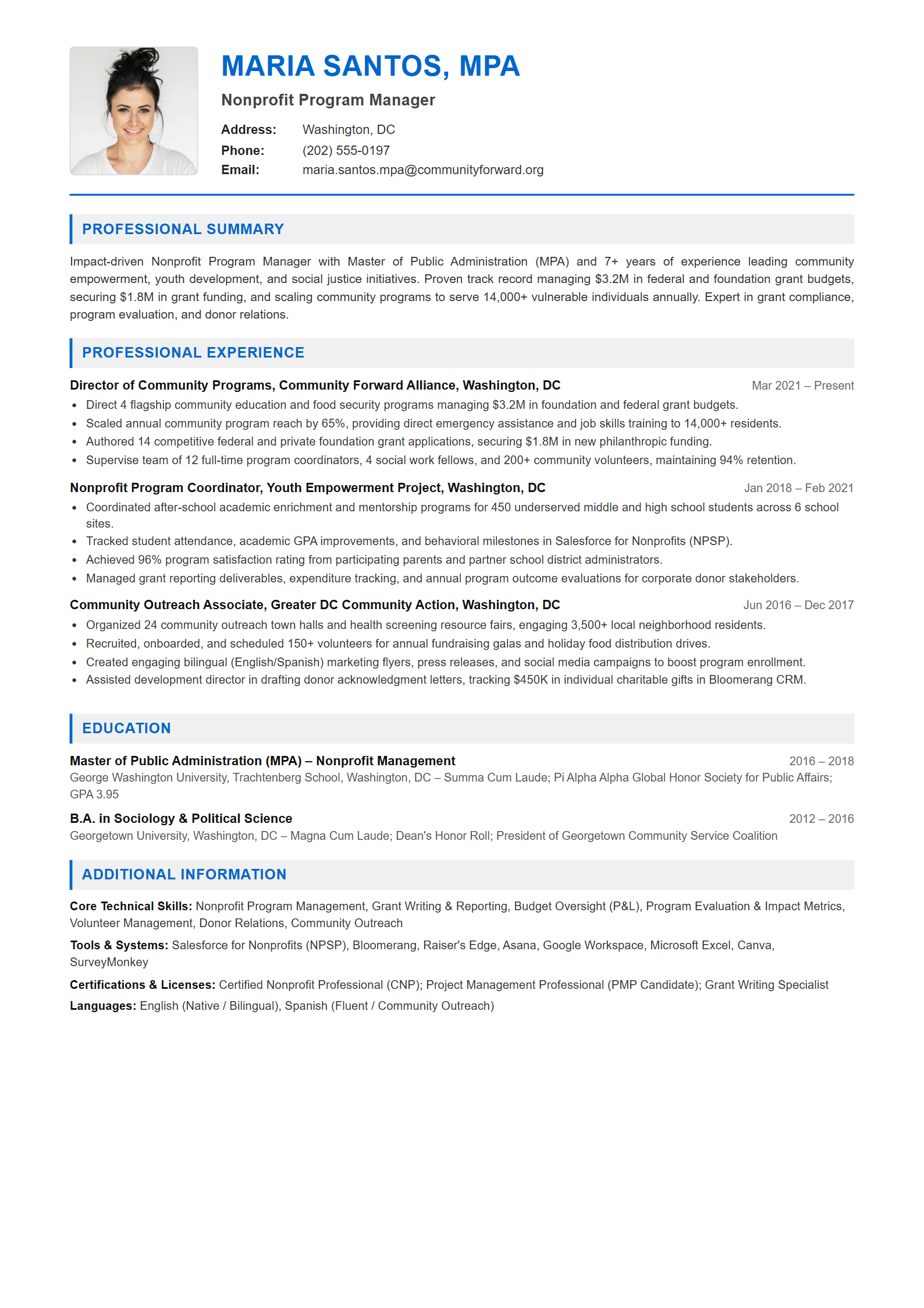 Nonprofit Program Manager Resume Example (Template 107 - Executive Single-Page Format)